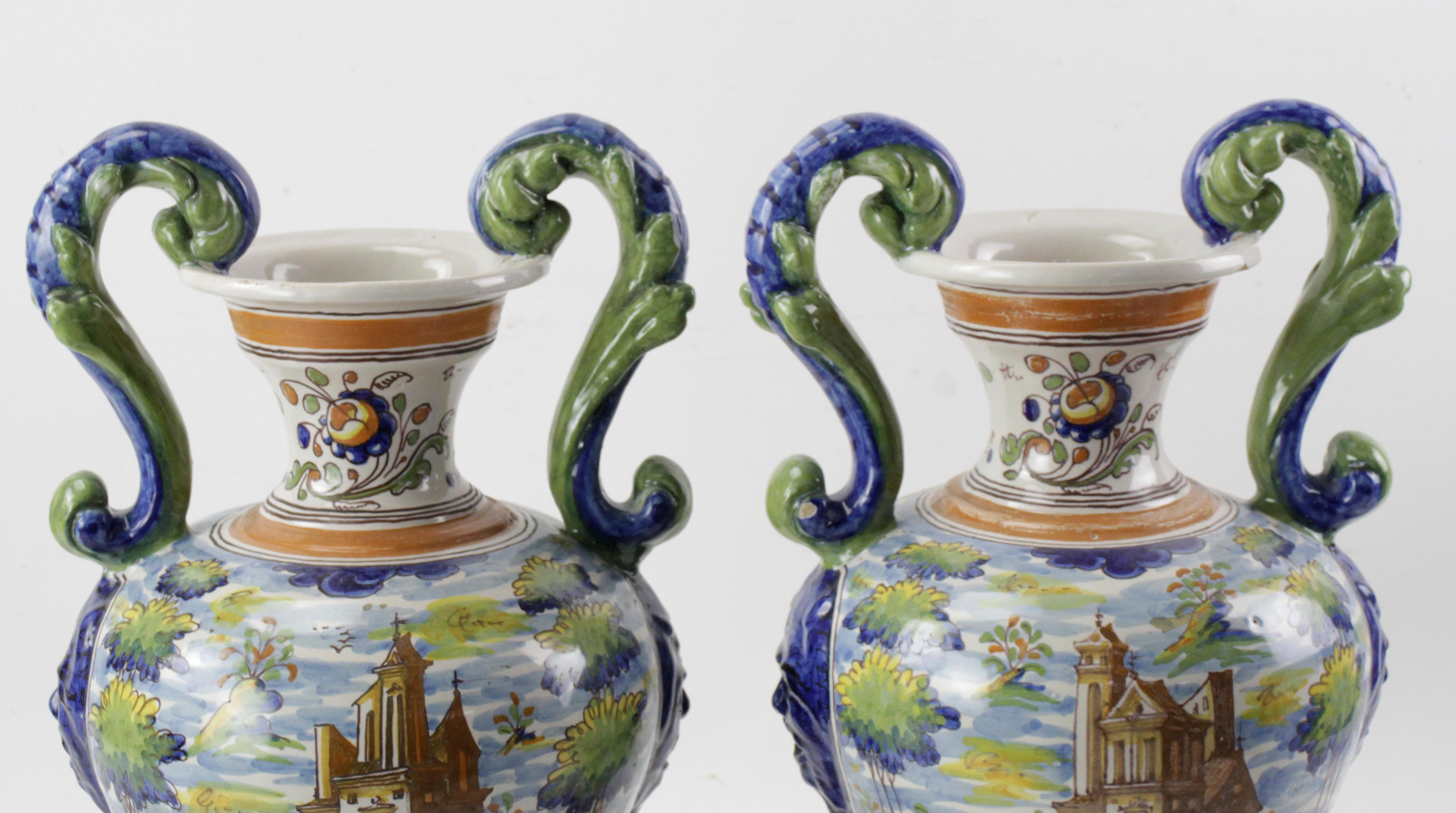 Hand-Crafted Pair of Antique Italian Majolica Italian Blue and Green Two Handled Urns  For Sale