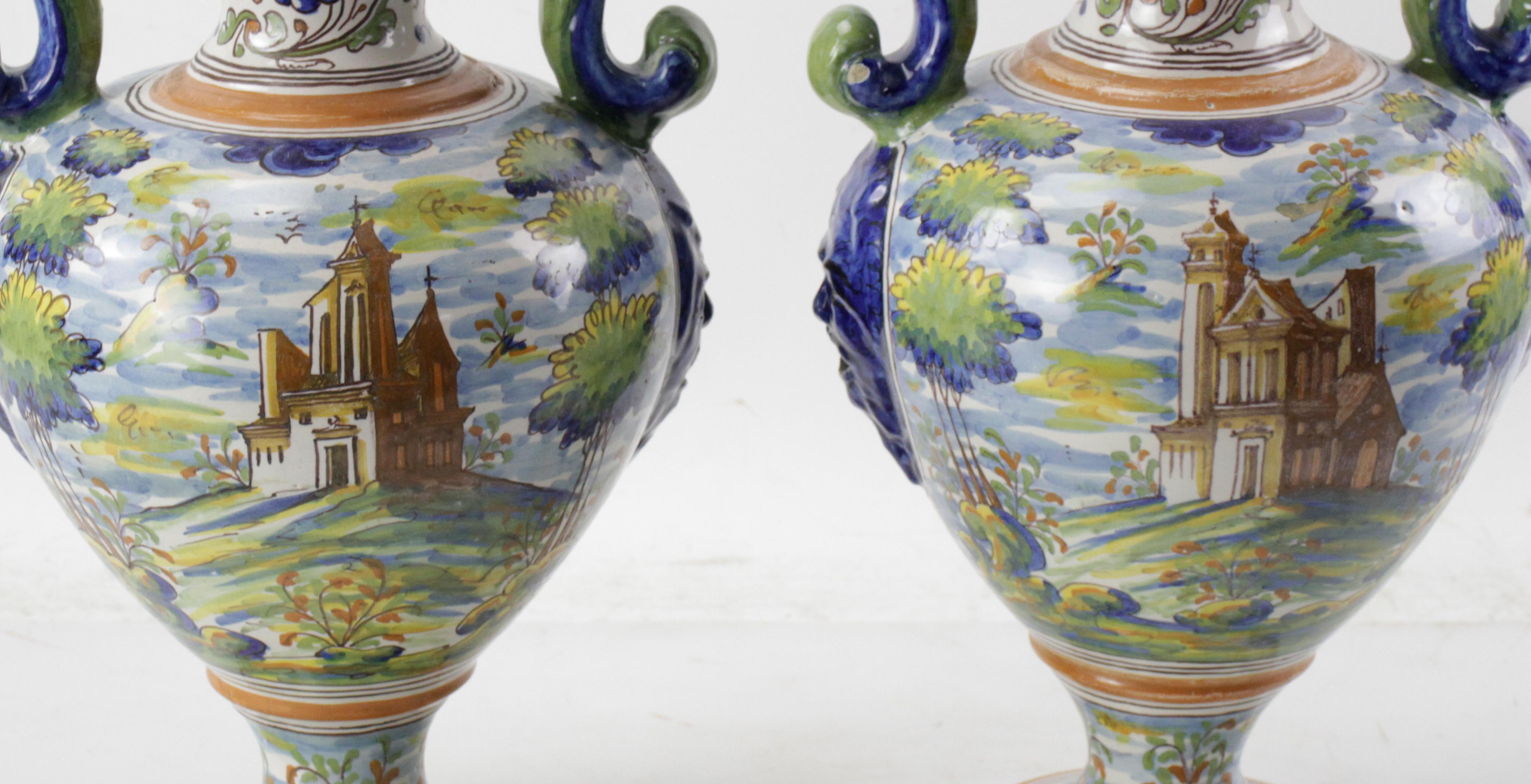 Pair of Antique Italian Majolica Italian Blue and Green Two Handled Urns  In Good Condition For Sale In Essex, MA