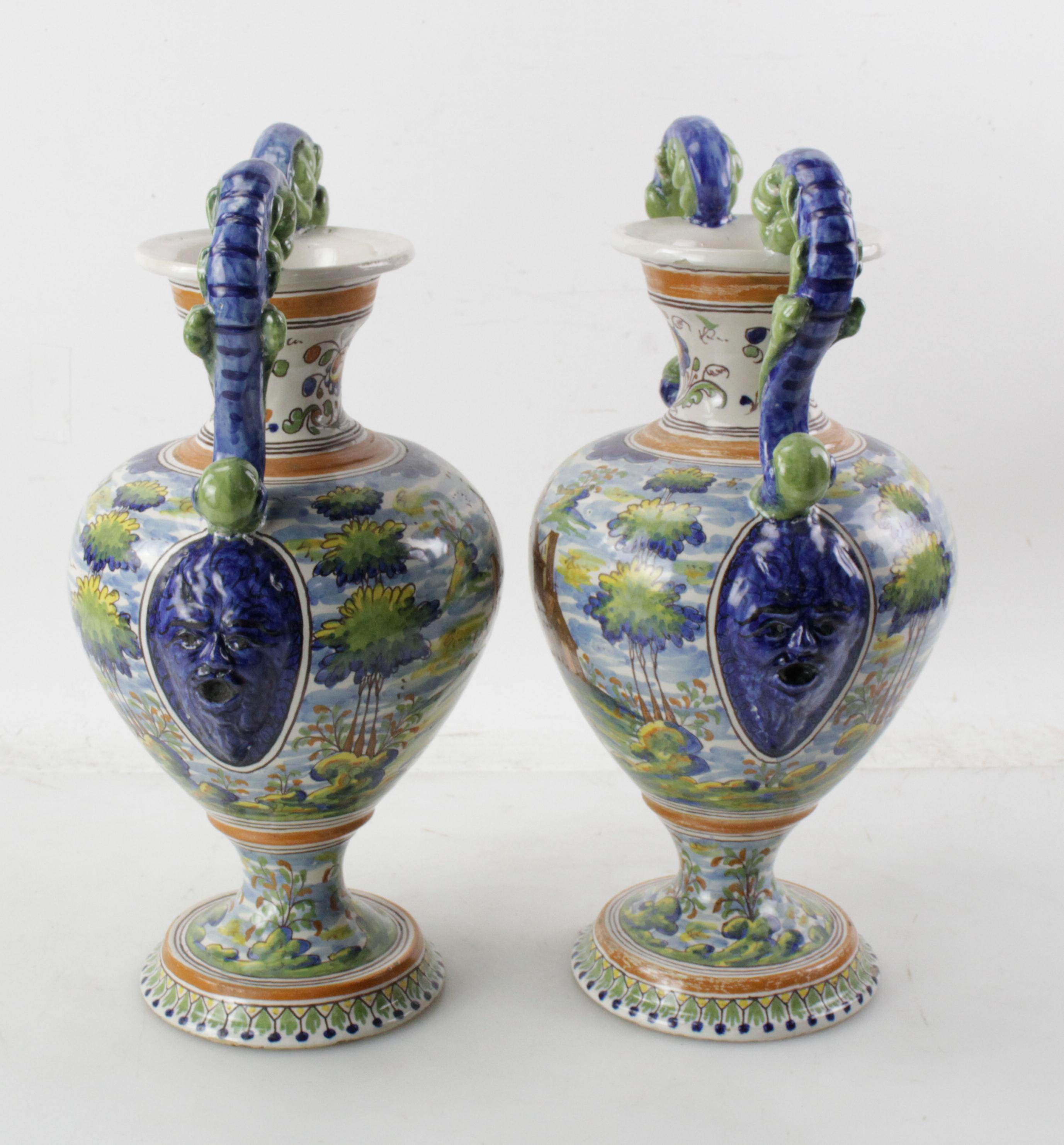 19th Century Pair of Antique Italian Majolica Italian Blue and Green Two Handled Urns  For Sale