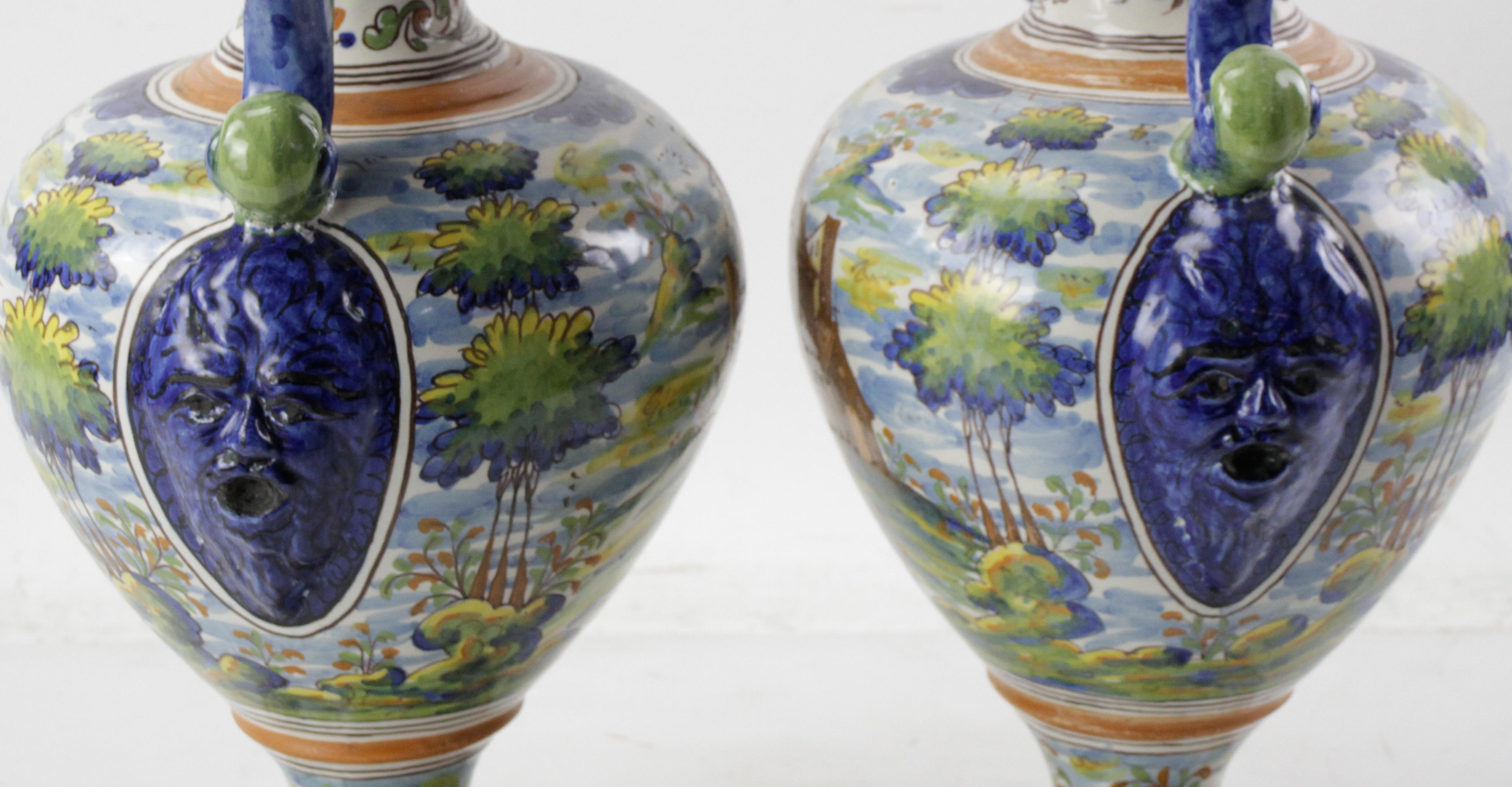Ceramic Pair of Antique Italian Majolica Italian Blue and Green Two Handled Urns  For Sale