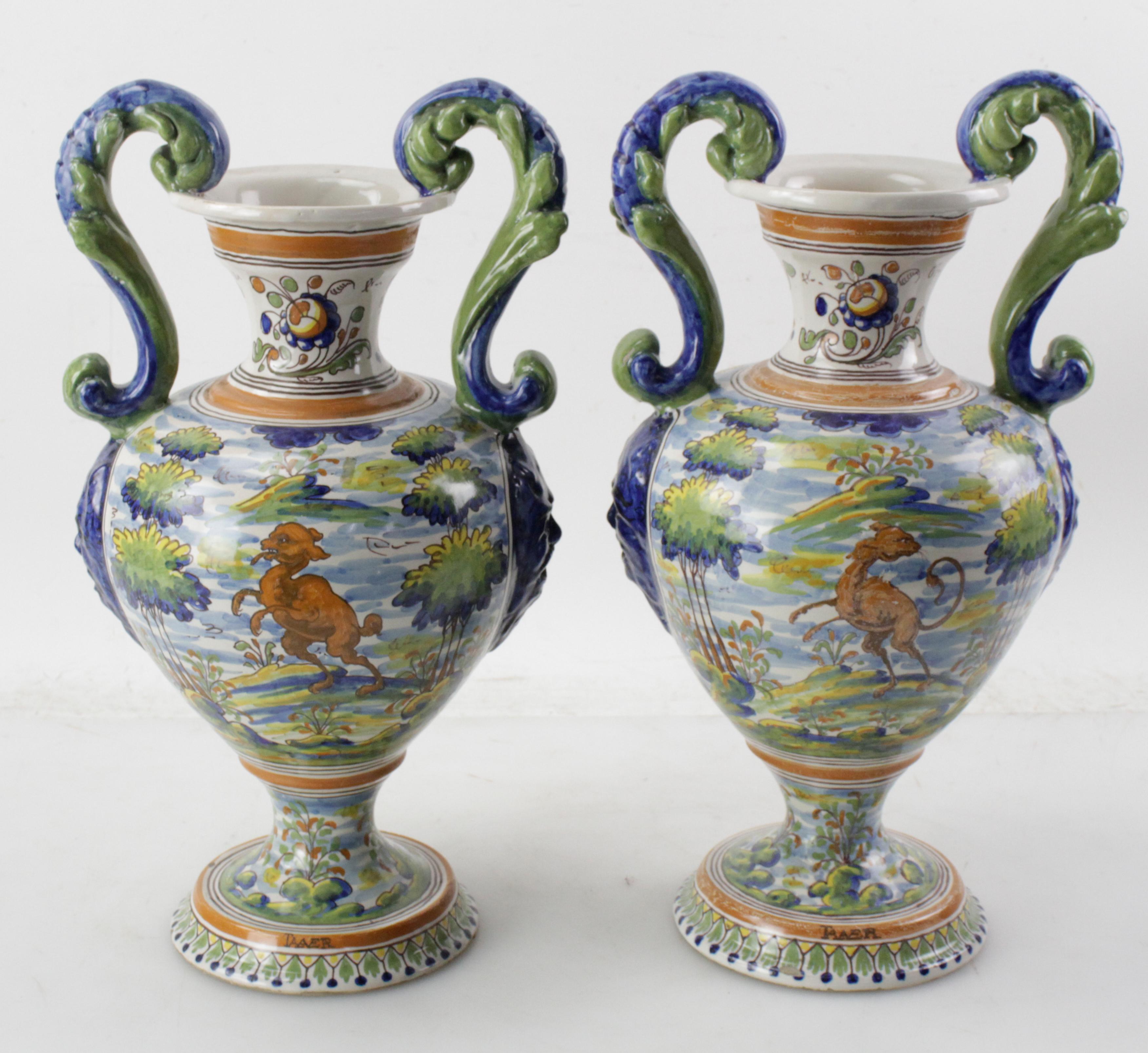 Pair of Antique Italian Majolica Italian Blue and Green Two Handled Urns  For Sale 1