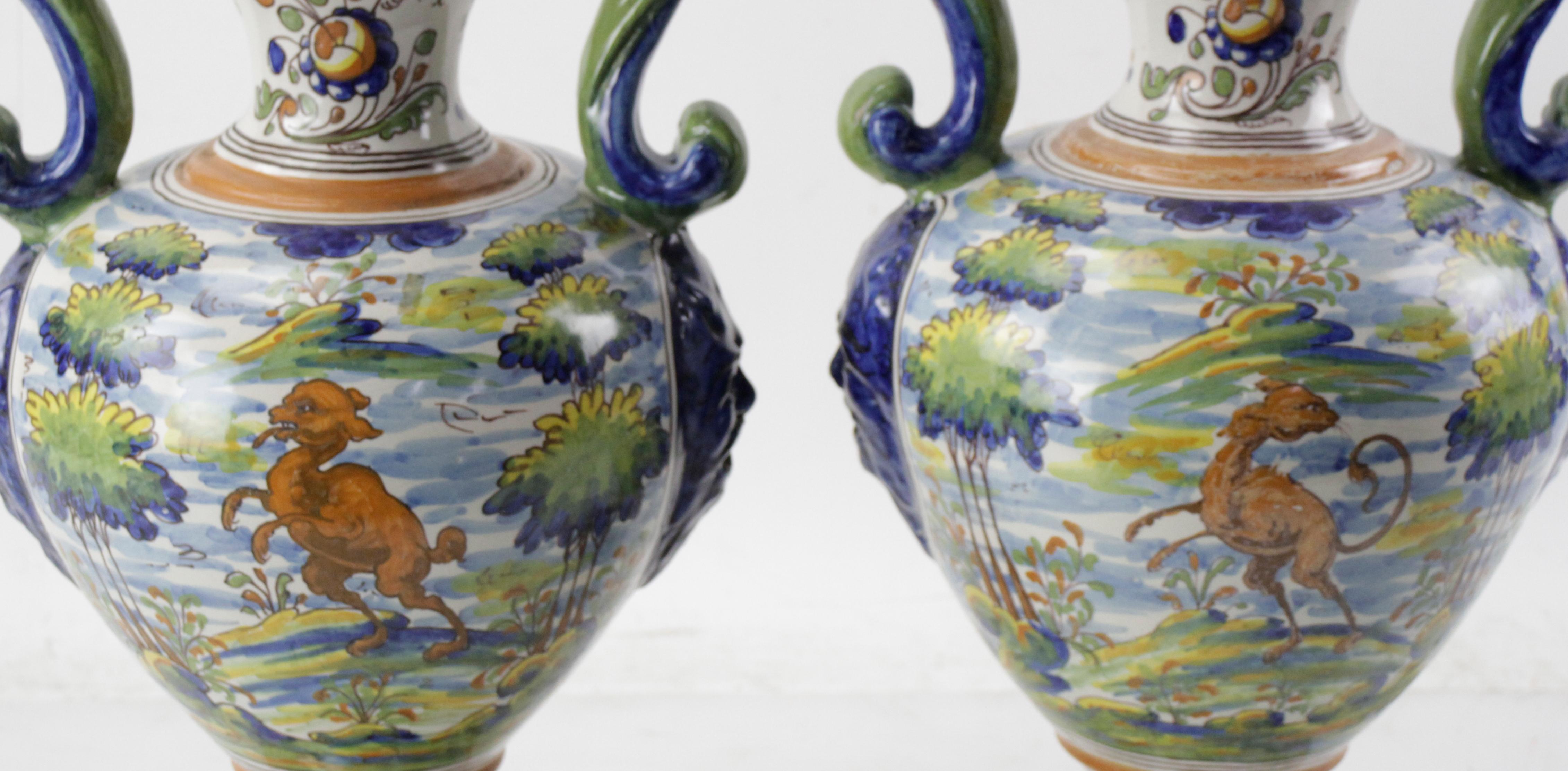 Pair of Antique Italian Majolica Italian Blue and Green Two Handled Urns  For Sale 2