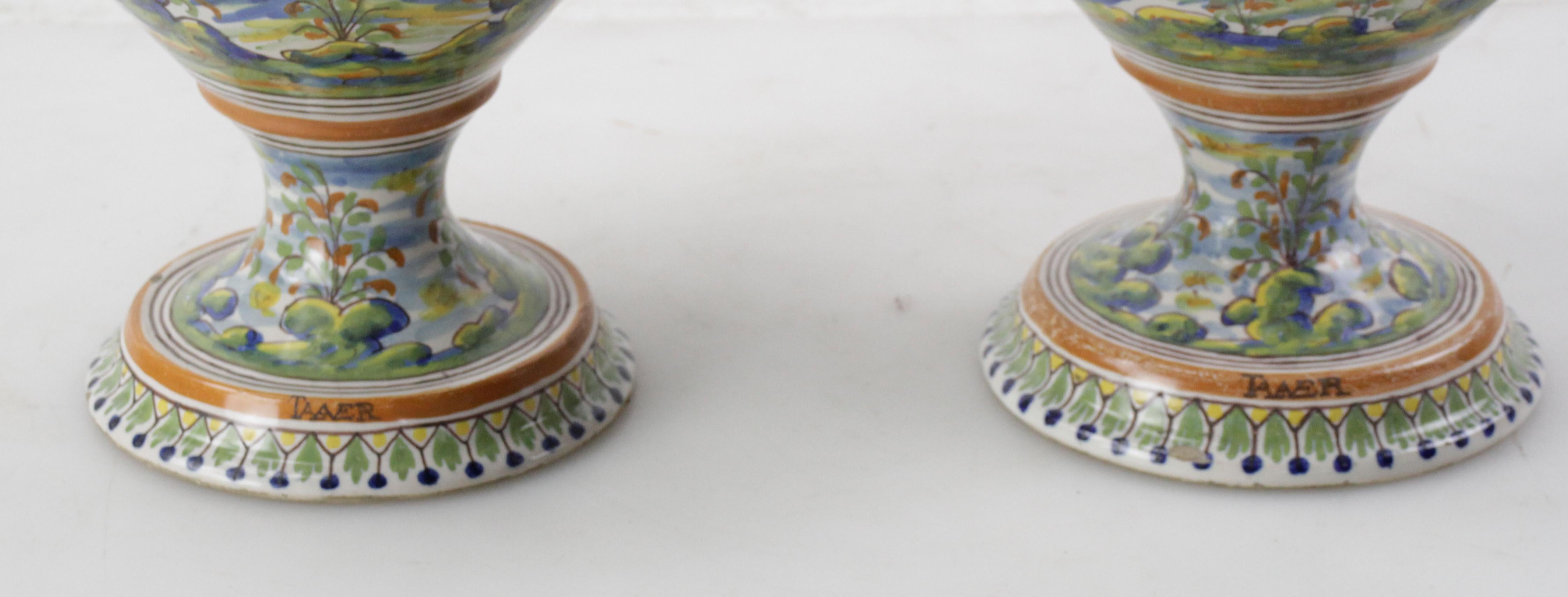 Pair of Antique Italian Majolica Italian Blue and Green Two Handled Urns  For Sale 3