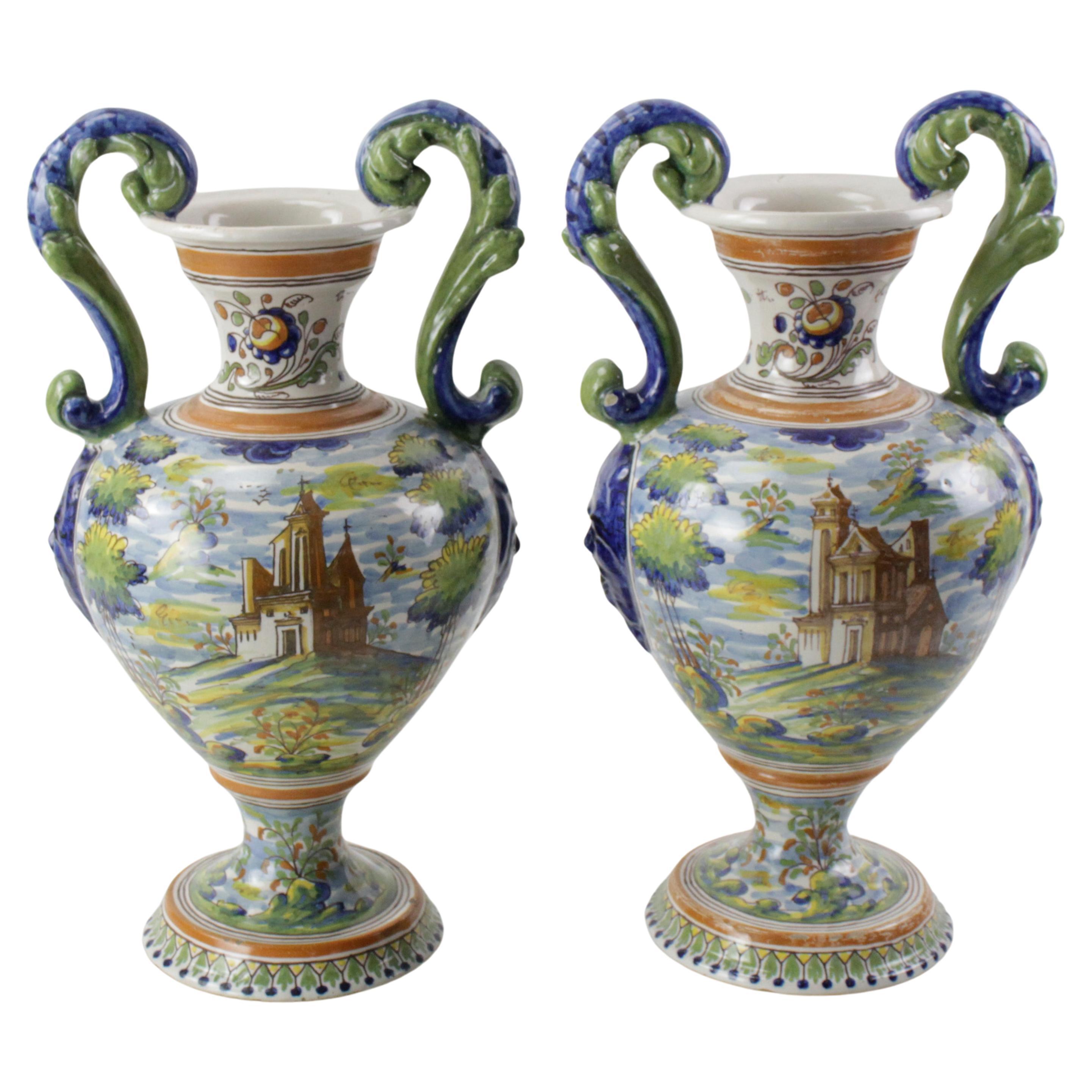 Pair of Antique Italian Majolica Italian Blue and Green Two Handled Urns  For Sale