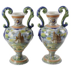 Pair of Antique Italian Majolica Italian Blue and Green Two Handled Urns 