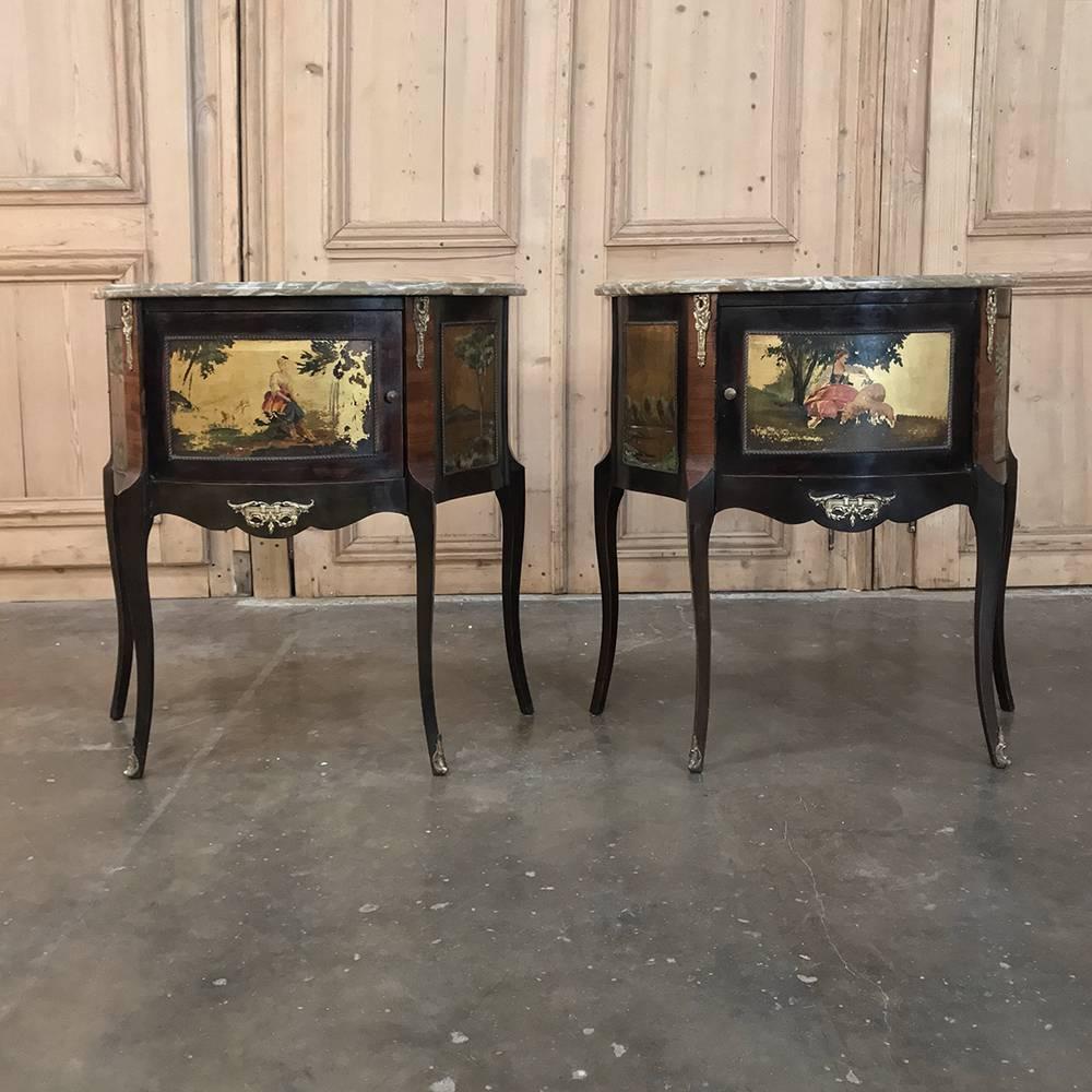 Louis XV Pair of Antique Italian Marble-Top Painted Cabinets, Nightstands