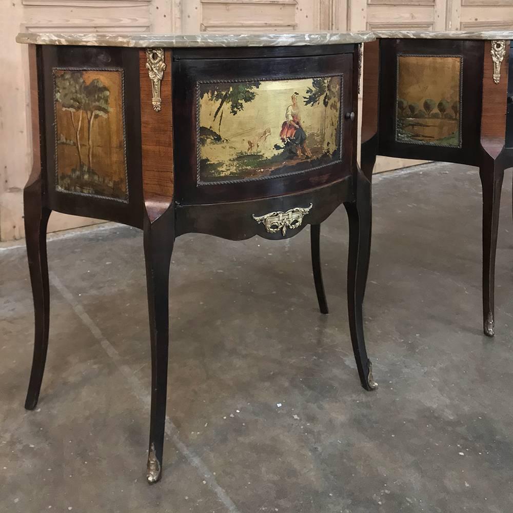Hand-Crafted Pair of Antique Italian Marble-Top Painted Cabinets, Nightstands