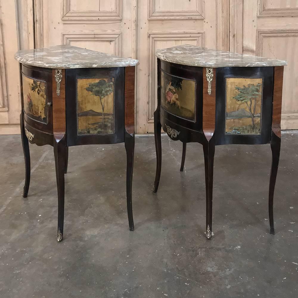Early 20th Century Pair of Antique Italian Marble-Top Painted Cabinets, Nightstands