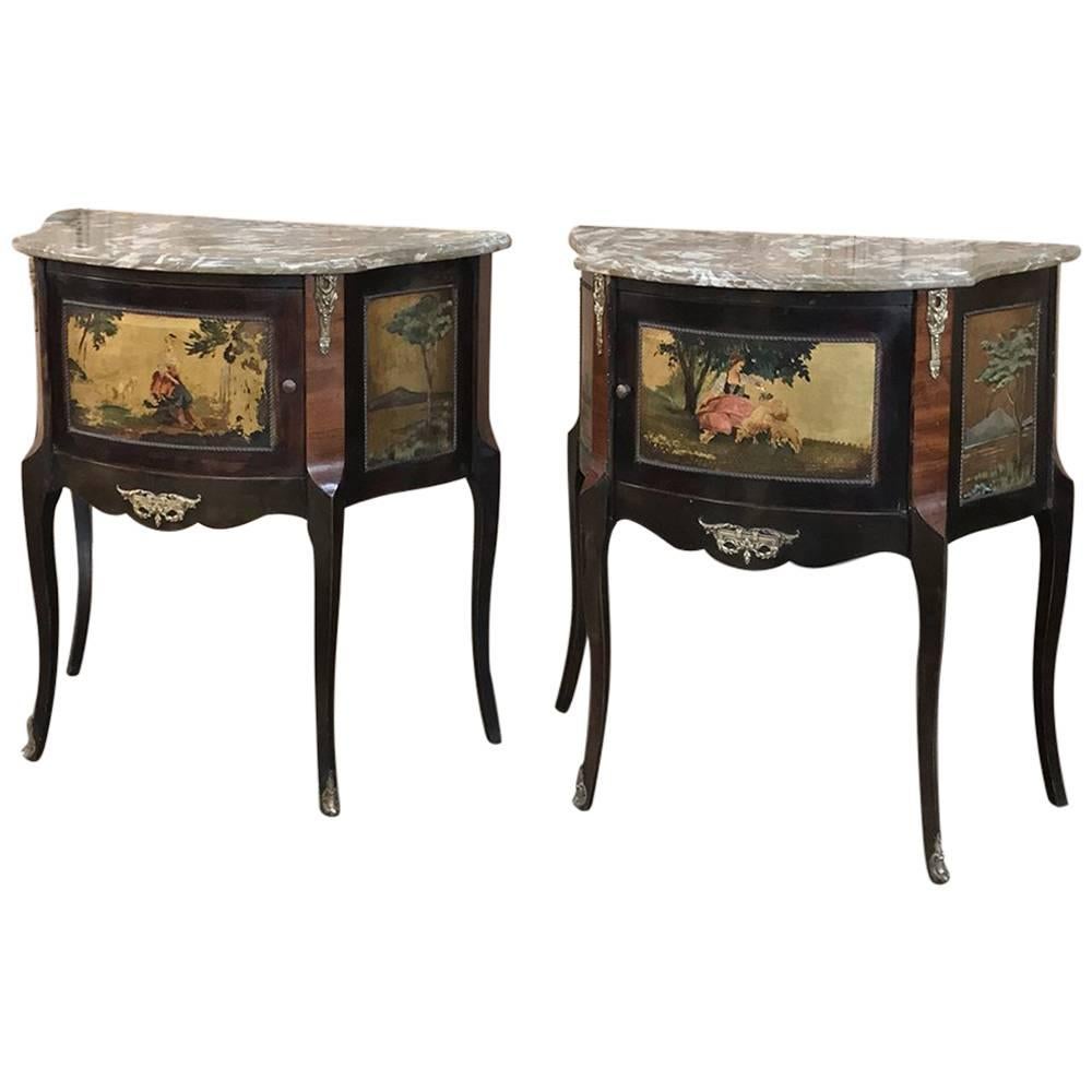 Pair of Antique Italian Marble-Top Painted Cabinets, Nightstands
