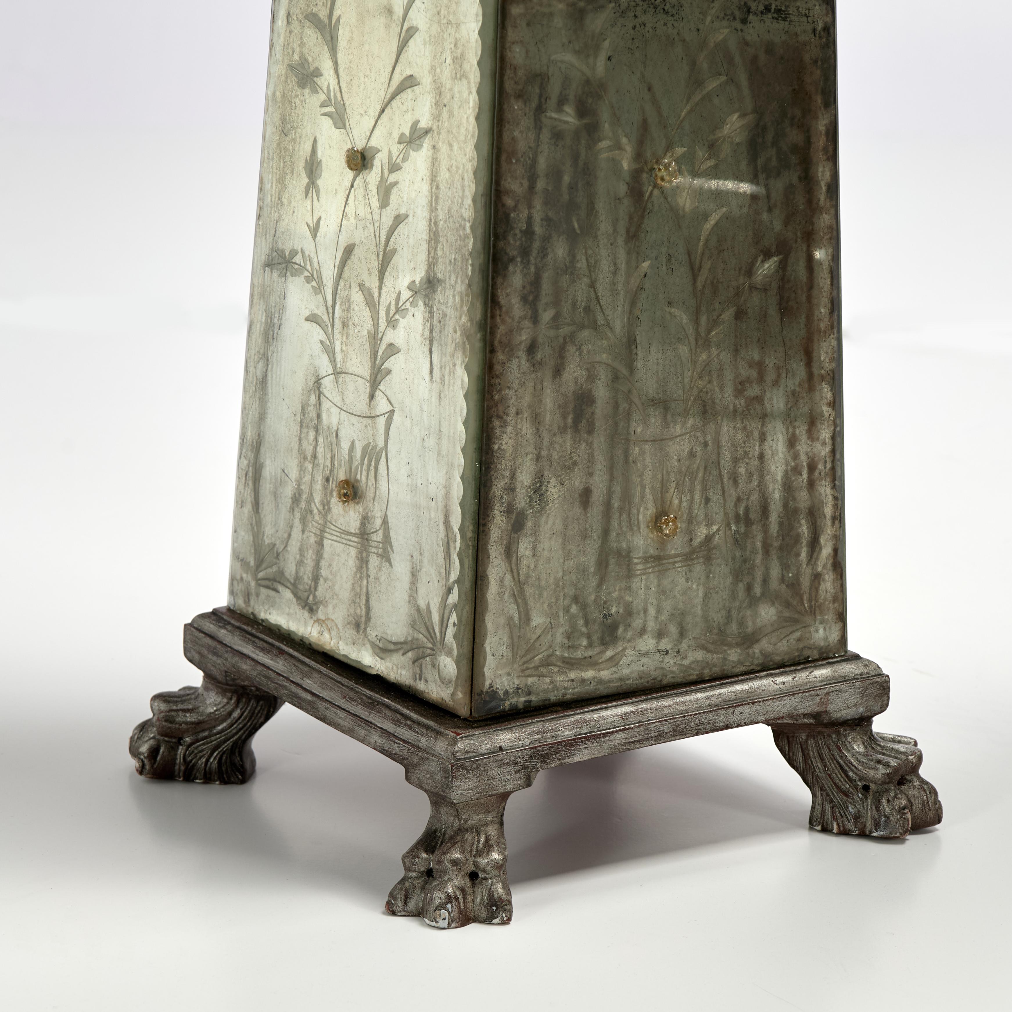 Etched Pair of Antique Italian Mirrored Obelisks For Sale