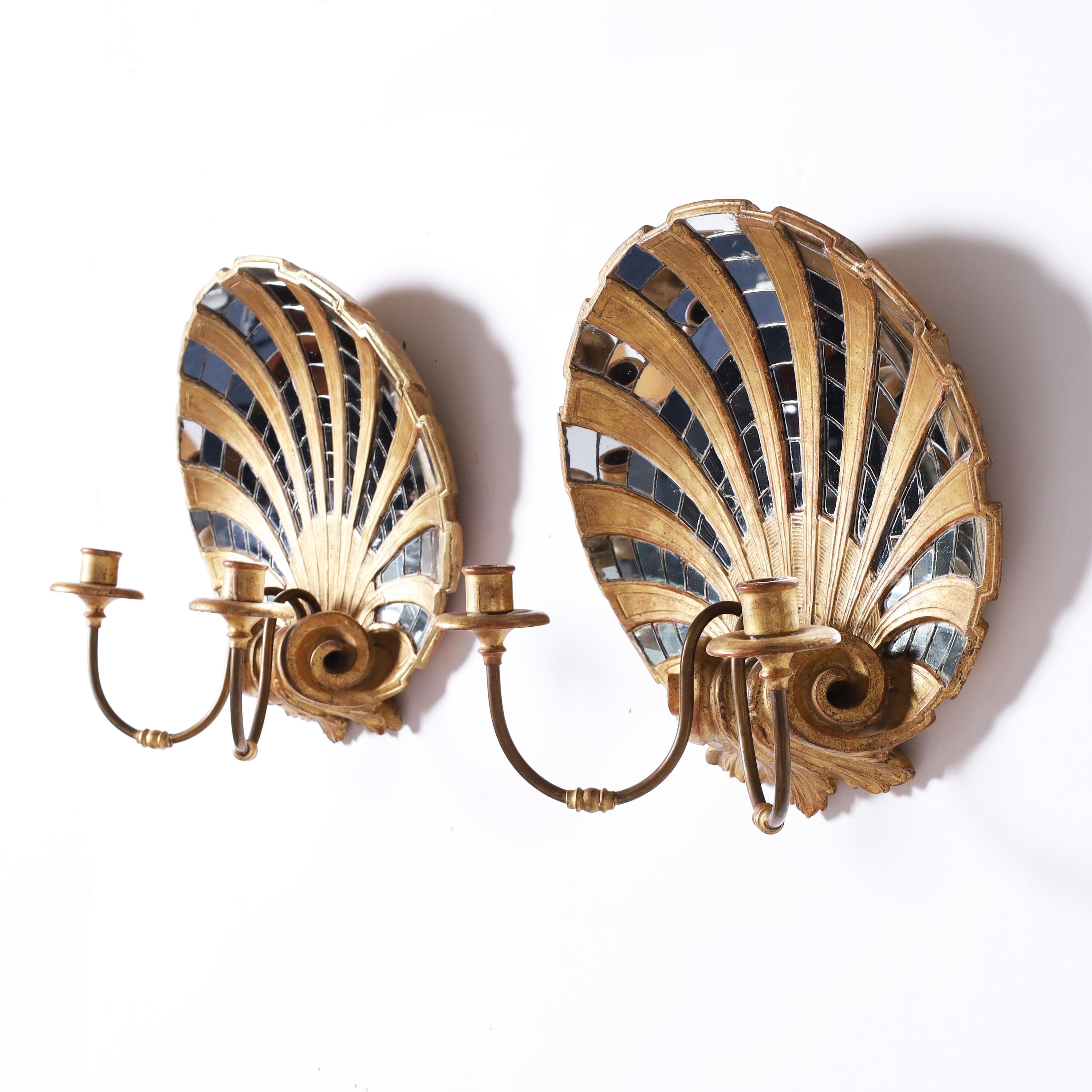 Neoclassical Pair of Antique Italian Mirrored Seashell Wall Sconces
