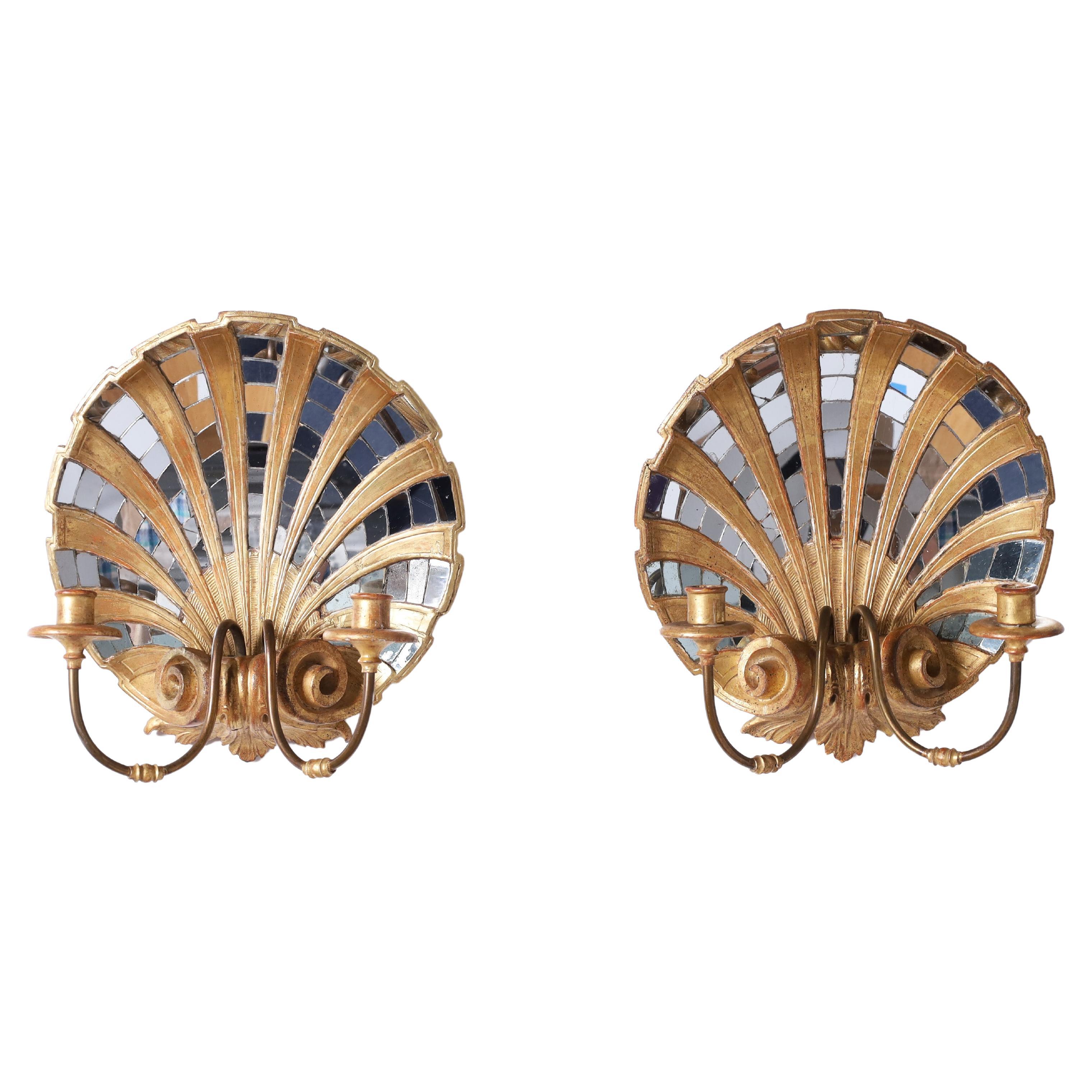 Pair of Antique Italian Mirrored Seashell Wall Sconces