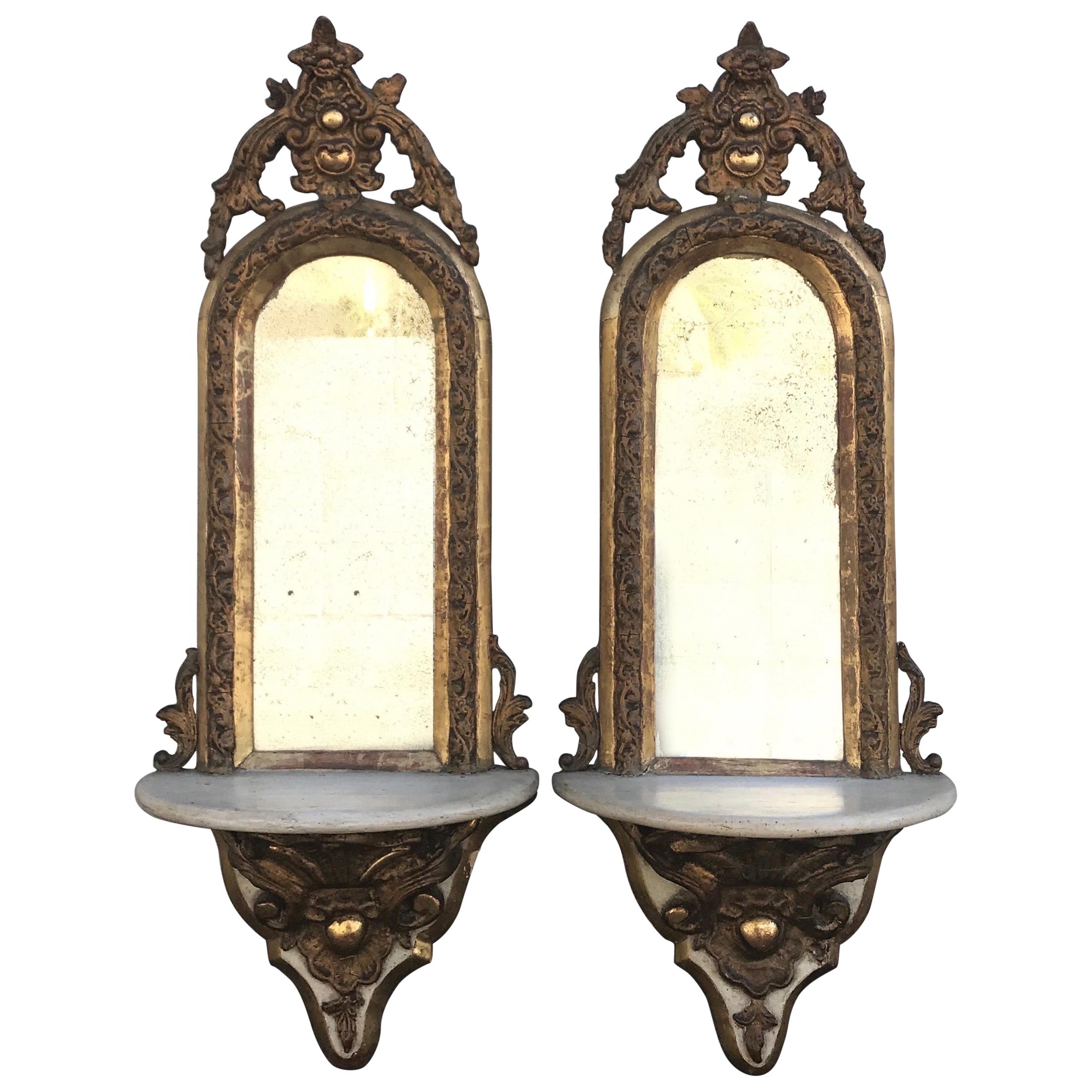 Pair of Antique Italian Mirrored Wall Brackets For Sale