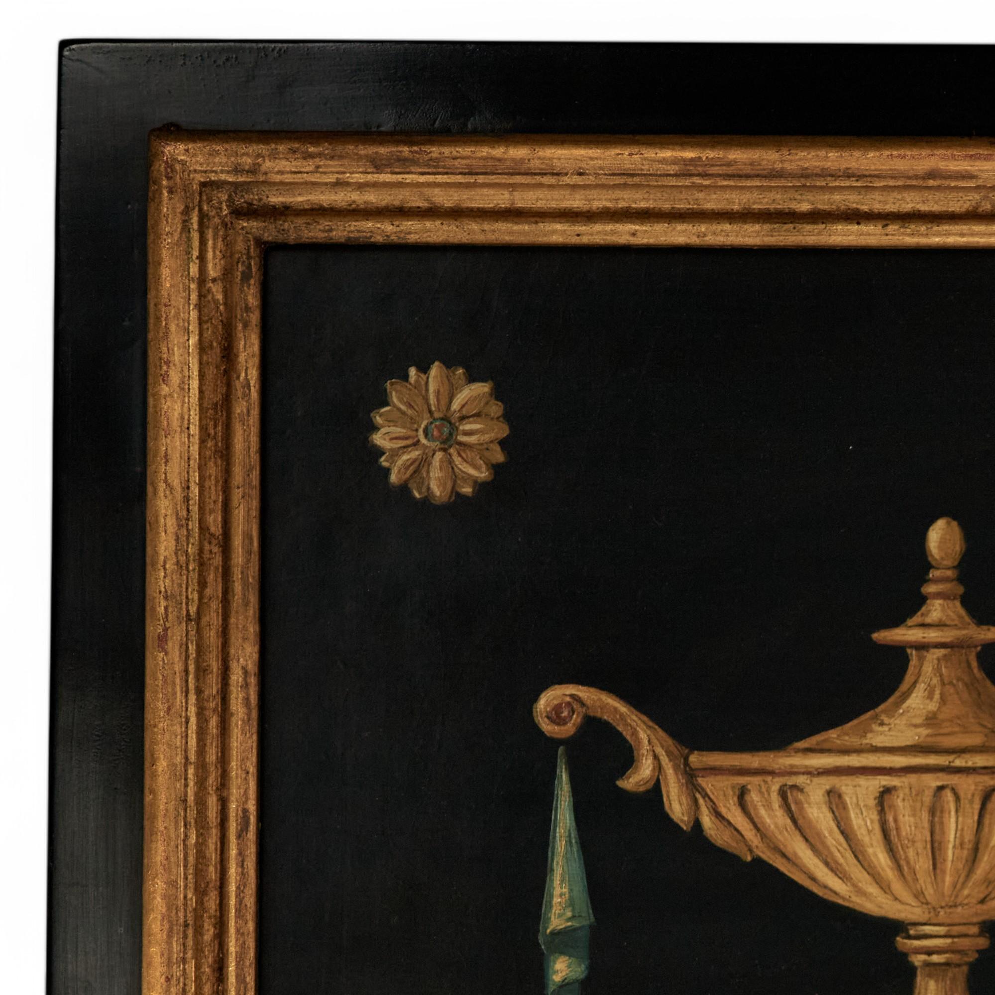 Pareja de Espejos de Pared Antiguos Italianos Neo Clásicos con Trompe L'oeil Ebonizado en venta