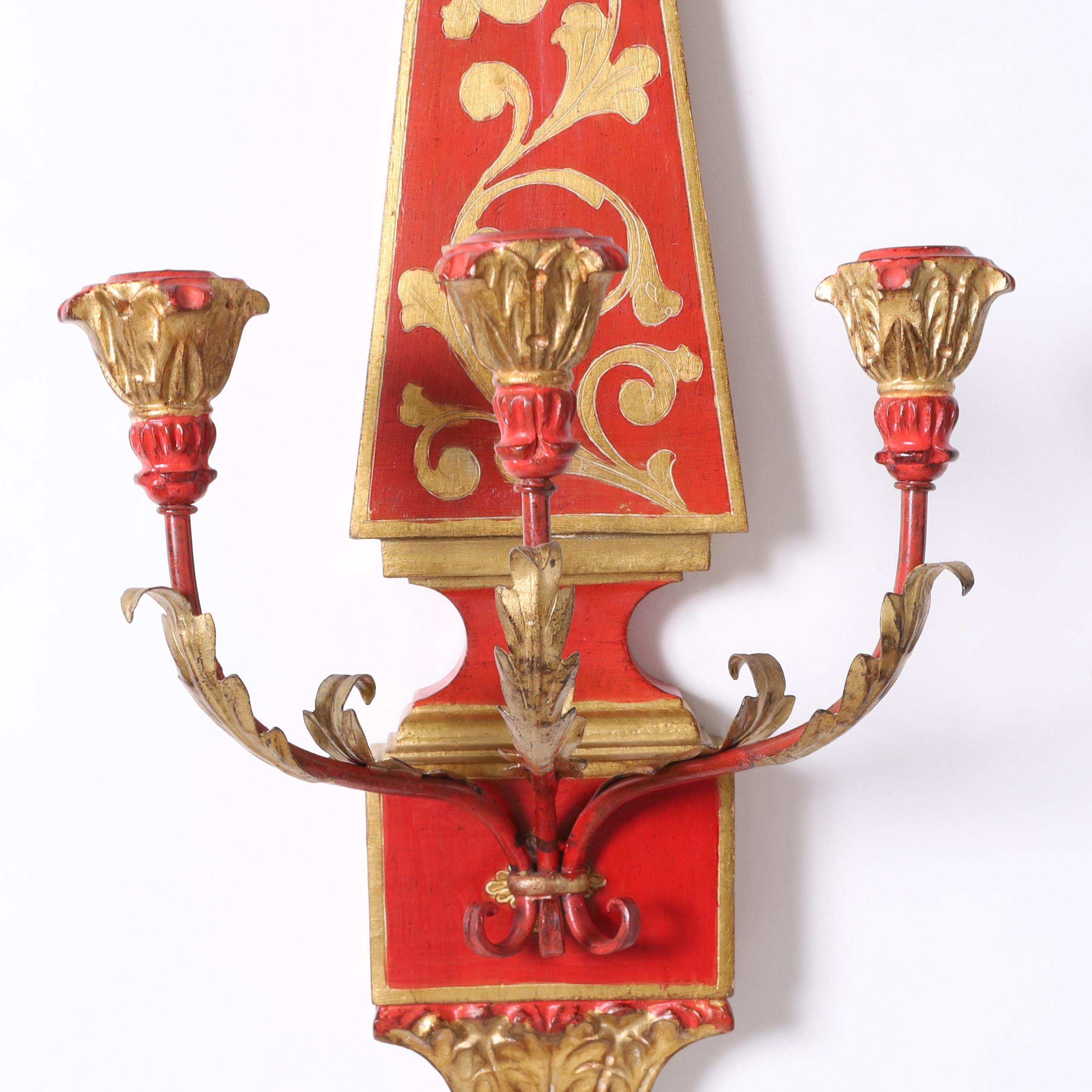 Pair of Antique Italian Neoclassic Painted Wall Sconces In Good Condition For Sale In Palm Beach, FL