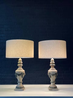 Pair of Antique Italian Neoclassical Carved Wood Urn Table Lamps