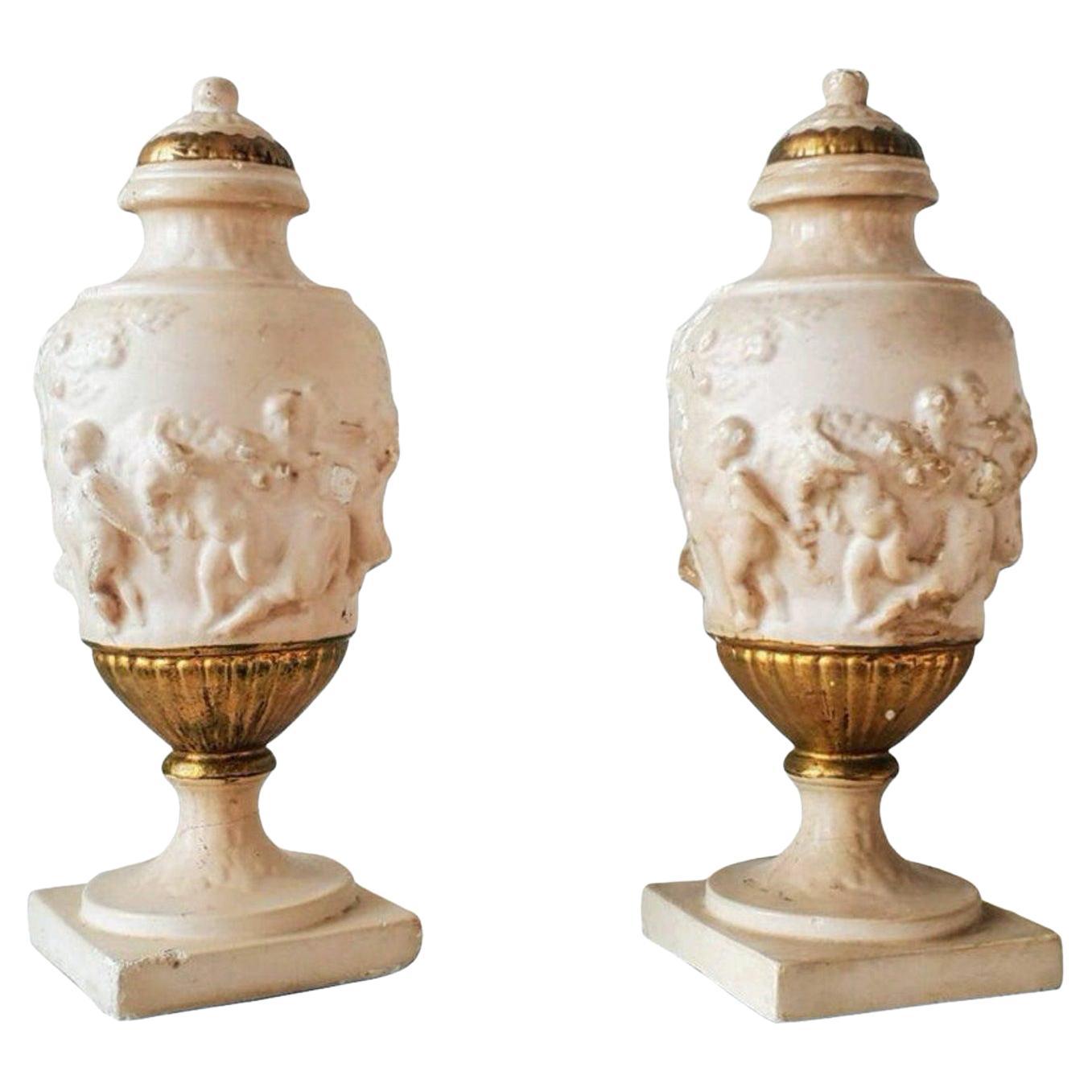 Pair of Antique Italian Neoclassical Porcelain Gilt Lidded Urns