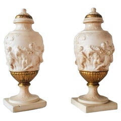 Pair of Antique Italian Neoclassical Porcelain Gilt Lidded Urns