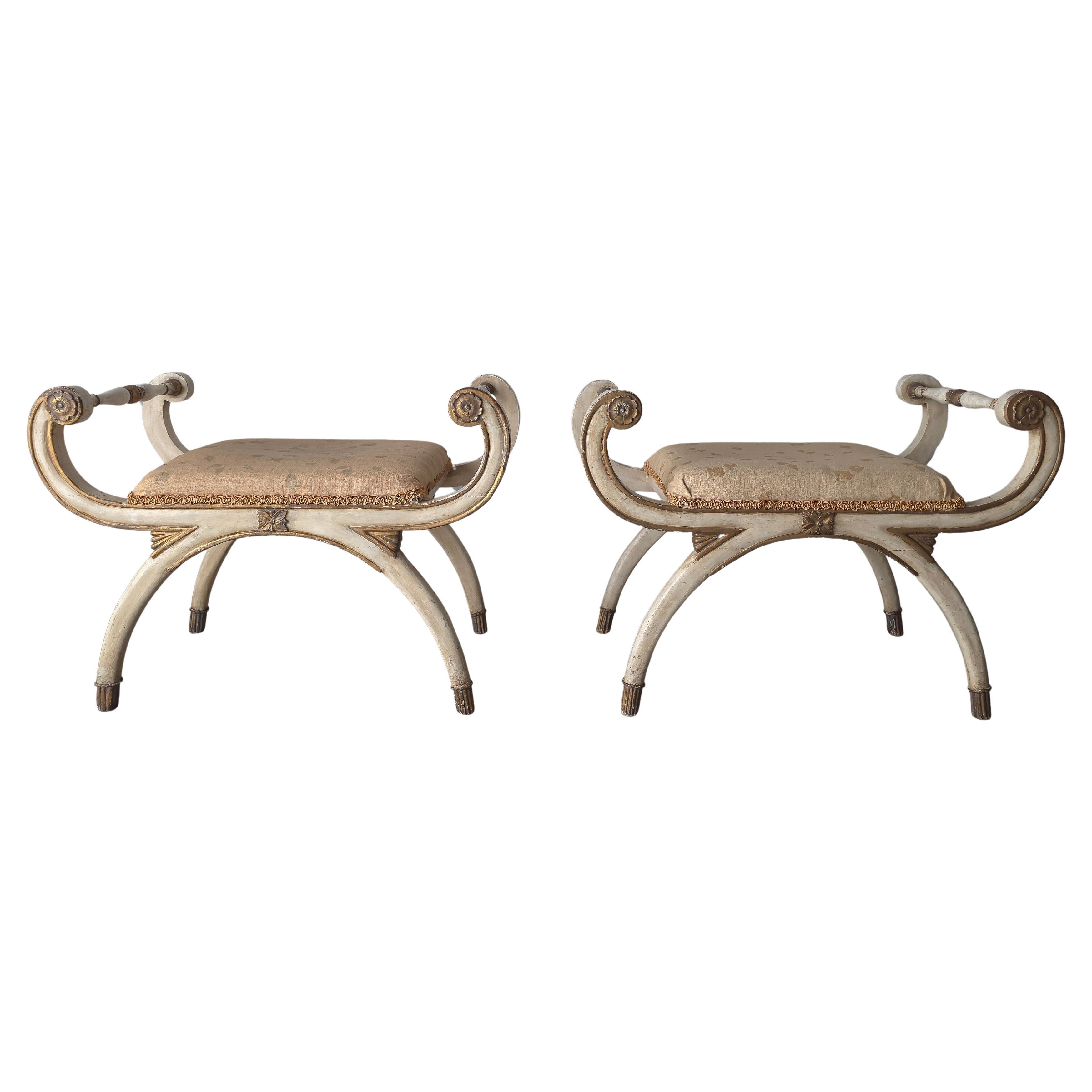 Pair of Antique Italian Neoclassical Style Curule Stools For Sale