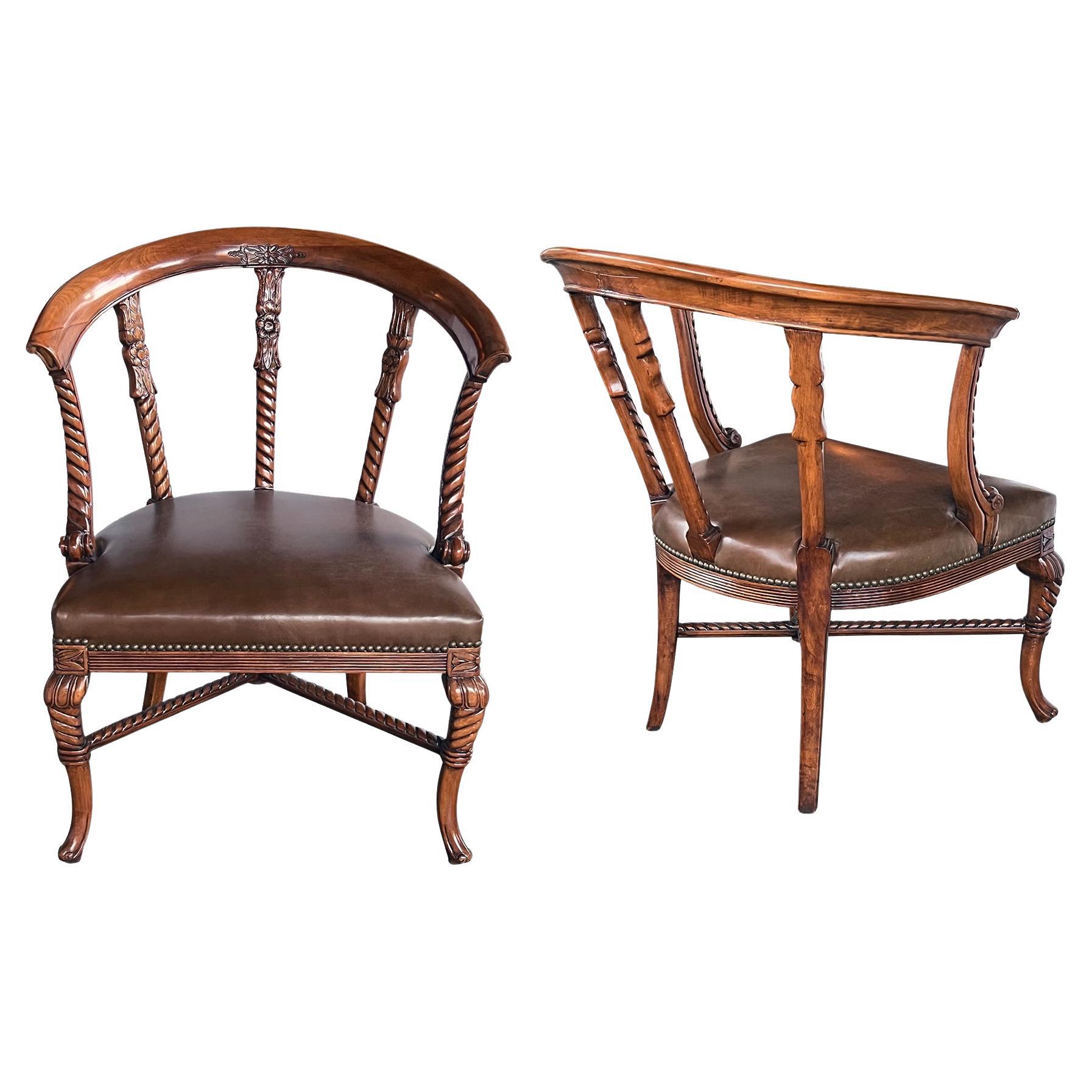 Pair of Antique Italian Open Barrel-Back Armchairs with Leather Seats For Sale