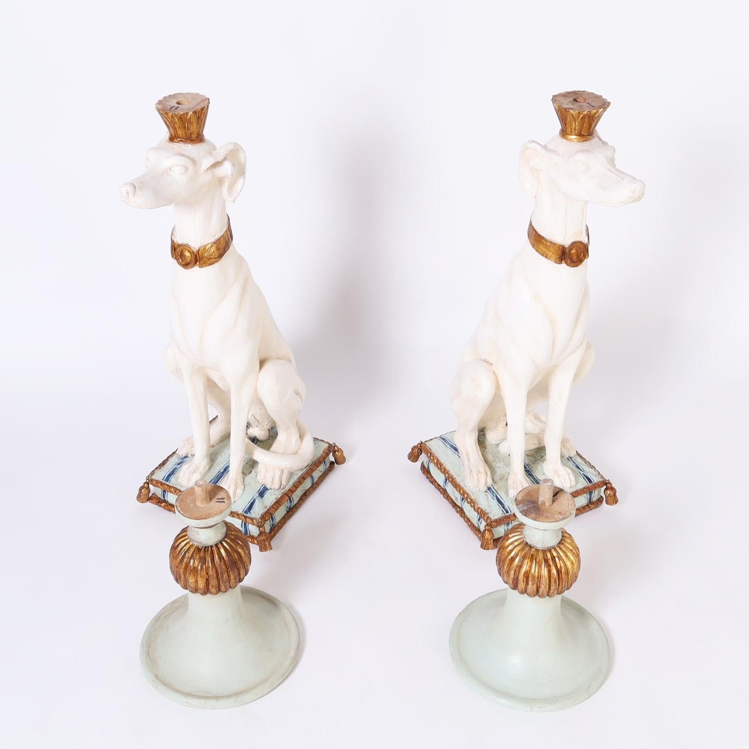 Pair of Antique Italian Parcel Gilt Carved Wood Whippets with Urns For Sale 4