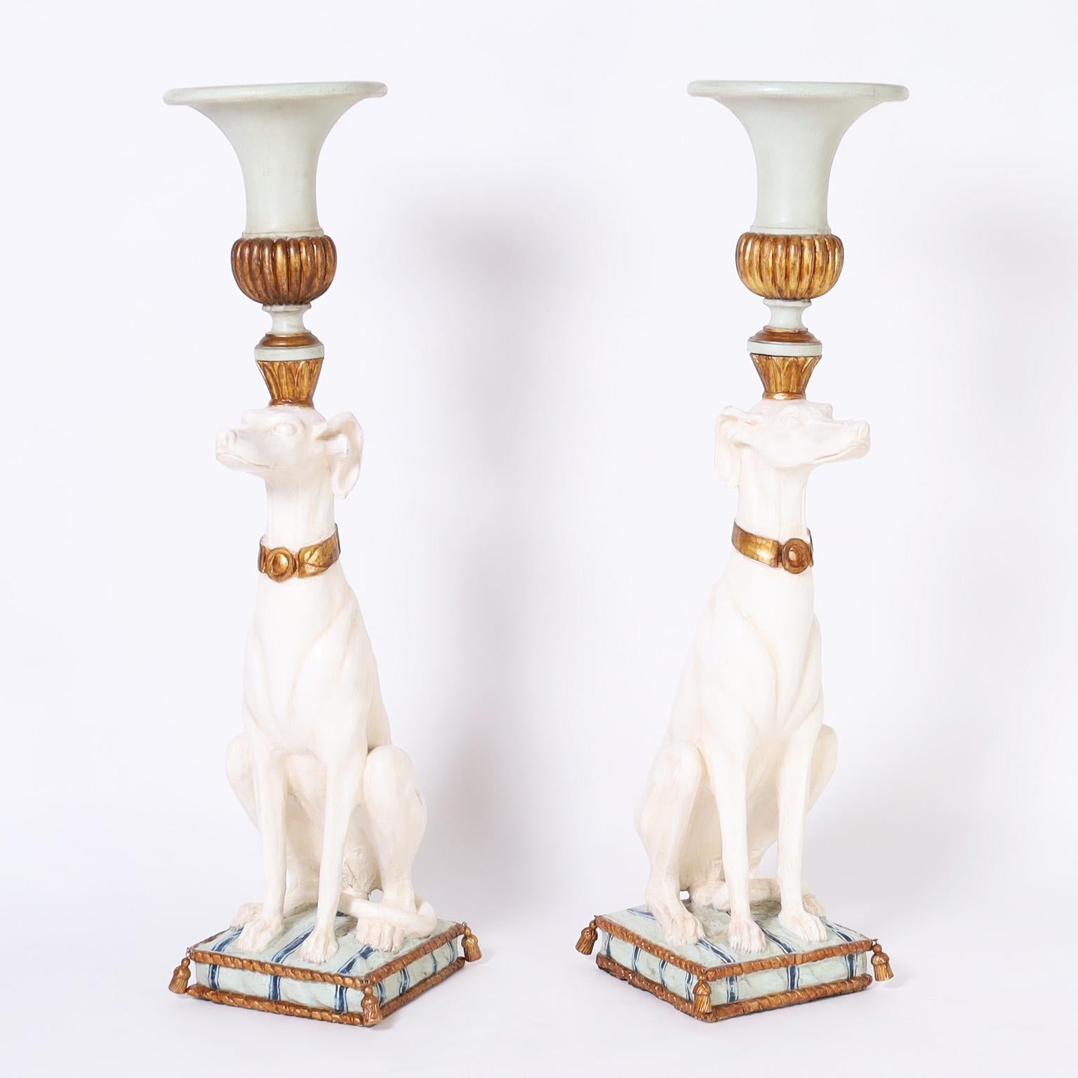 Rococo Pair of Antique Italian Parcel Gilt Carved Wood Whippets with Urns For Sale