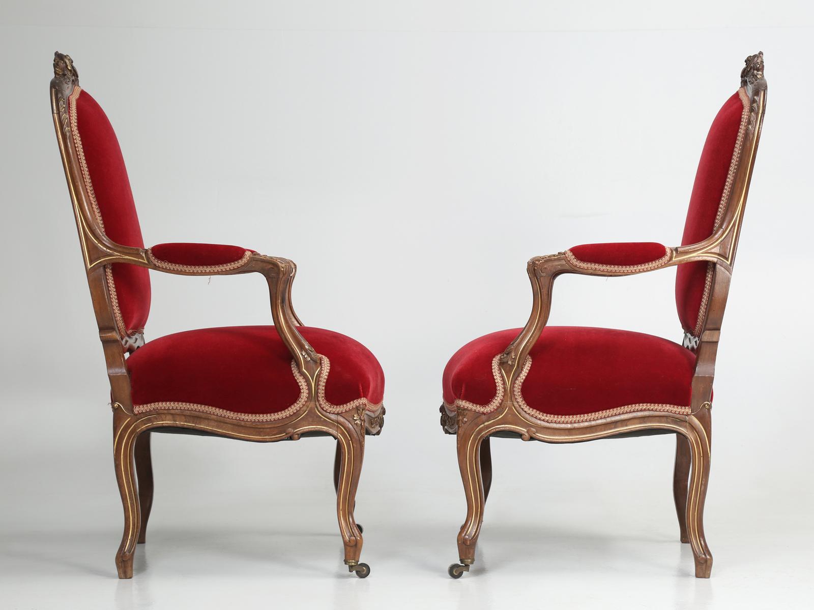Pair of Antique Italian Parlor Armchairs in Louis XV Style Walnut Carved Frames 14