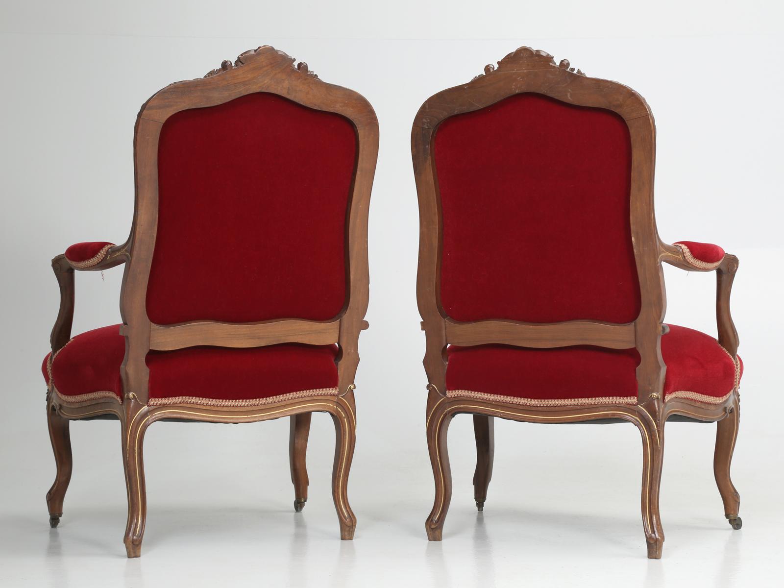 Pair of Antique Italian Parlor Armchairs in Louis XV Style Walnut Carved Frames 15