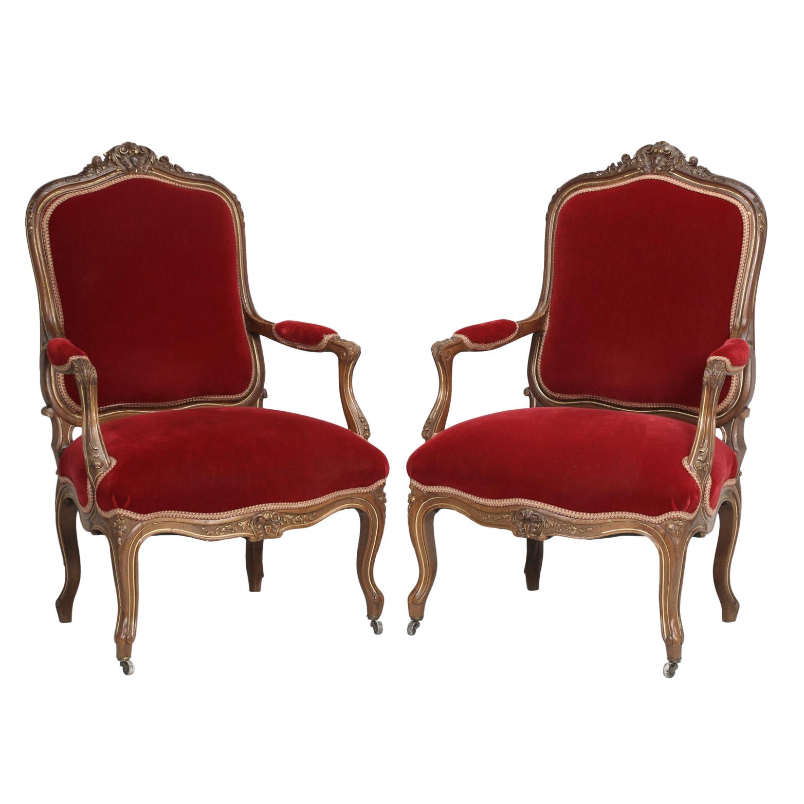 Pair of Antique Italian Parlor Armchairs in Louis XV Style Walnut Carved Frames