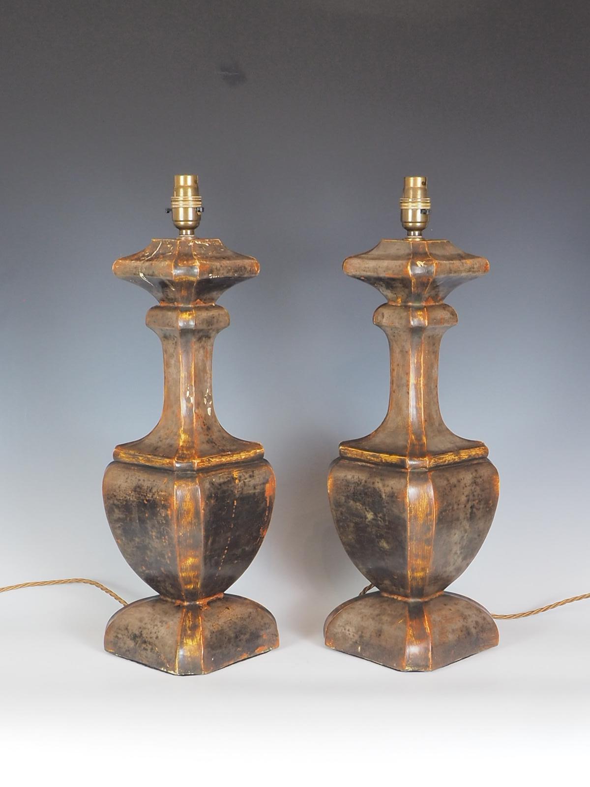 Pair of Antique Italian Polychrome Table Lamps exudes elegance with their exquisite urn shape and captivating painted gesso on wood design, which gives them a unique and beautiful patina. The lamps showcase a stunning patina that adds a touch of