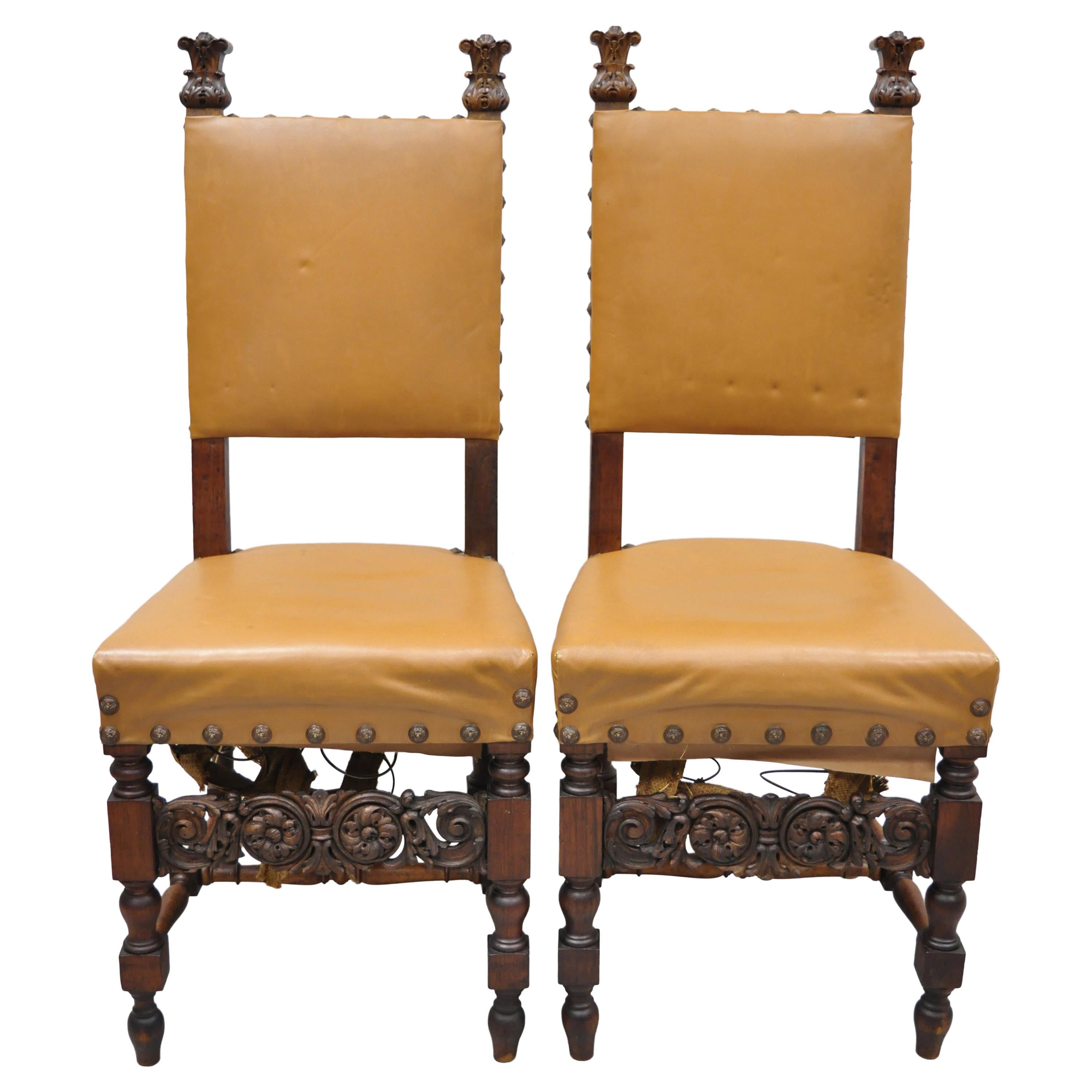 Pair of Antique Italian Renaissance Carved Walnut High Back Side Chairs For Sale