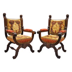 Pair of Antique Italian Renaissance Savonarola Throne Armchairs with Lion Heads