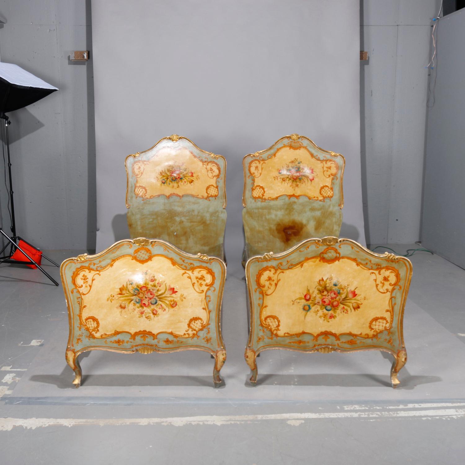 Pair of Antique Italian Rococo Hand Painted and Gilt Twin Bed, circa 1930 In Good Condition In Big Flats, NY