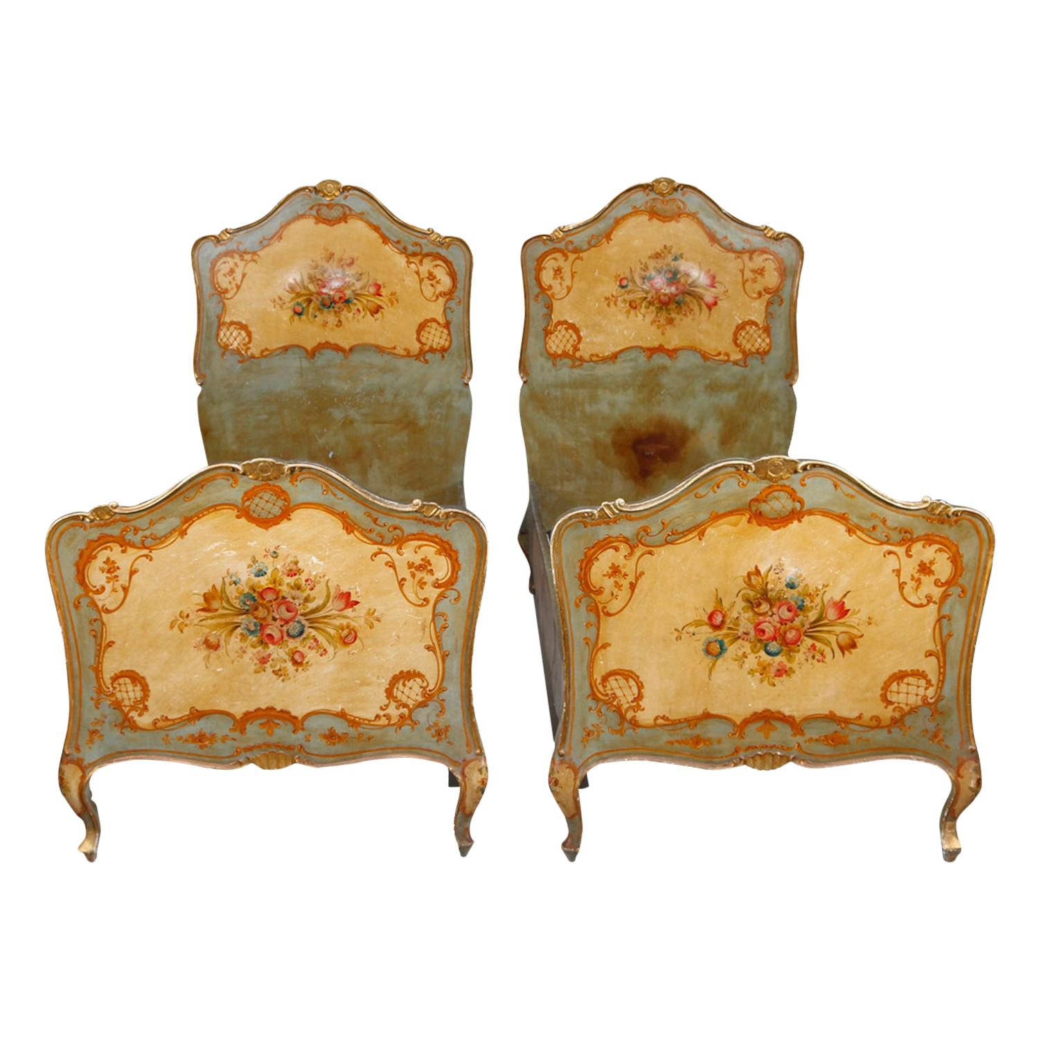 Pair of Antique Italian Rococo Hand Painted and Gilt Twin Bed, circa 1930