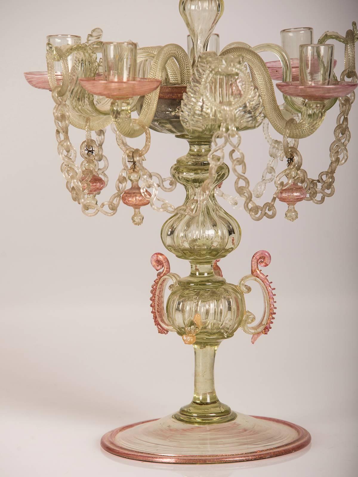 Pair of Antique Italian Rococo Venetian Glass Candelabra, Italy, late 19th c. 4