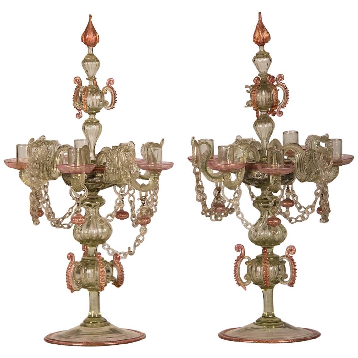 Pair of Antique Italian Rococo Venetian Glass Candelabra, Italy, late 19th c.