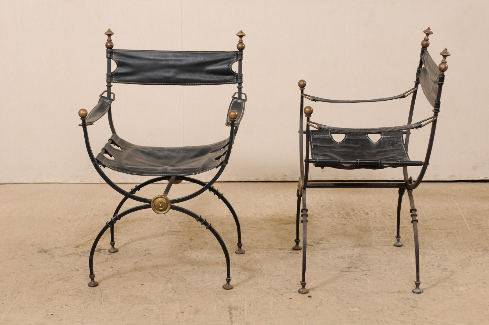 Pair of Antique Italian Savonarola Chairs with Black Leather In Good Condition In Atlanta, GA