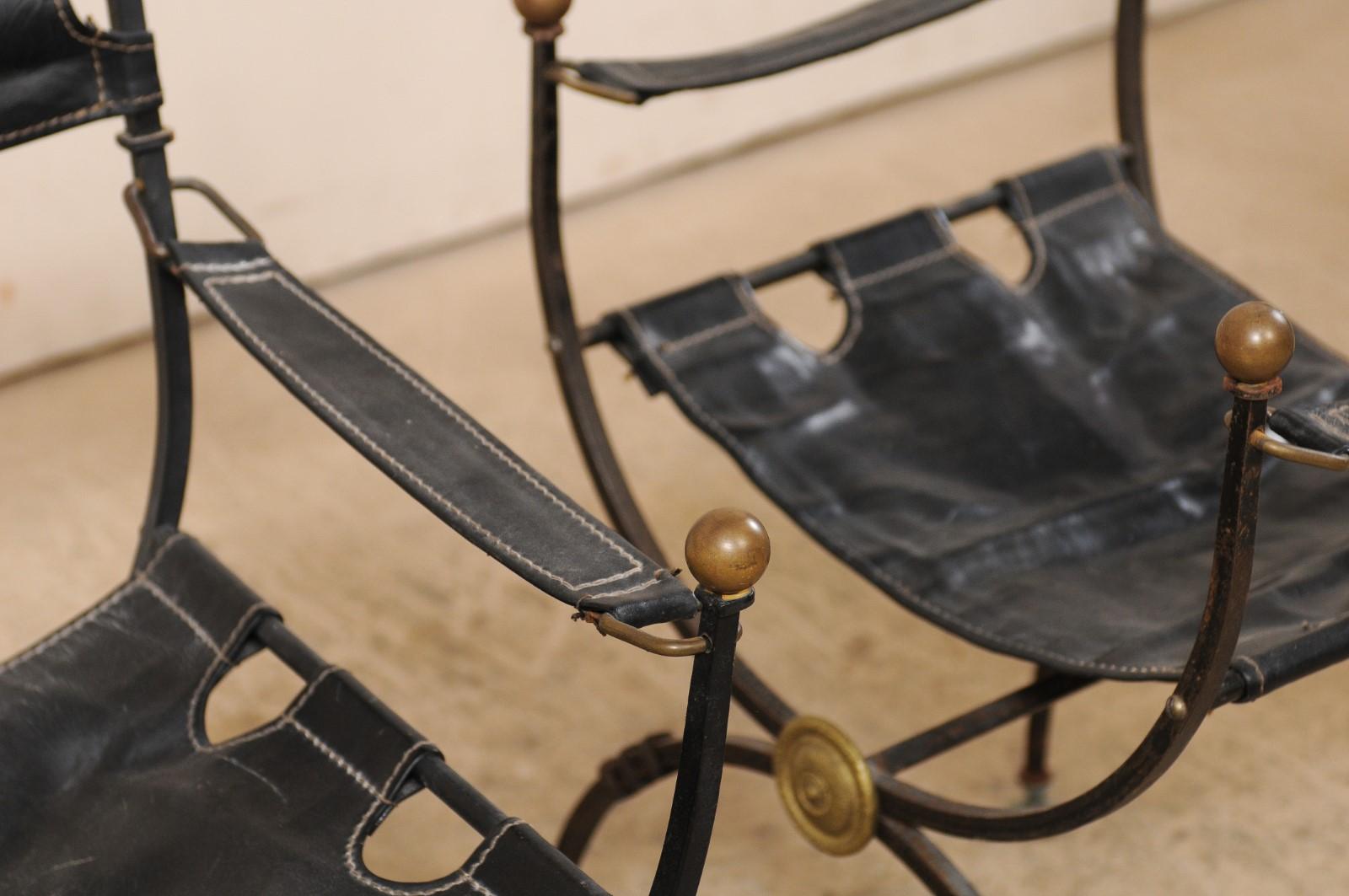 Pair of Antique Italian Savonarola Chairs with Black Leather 4