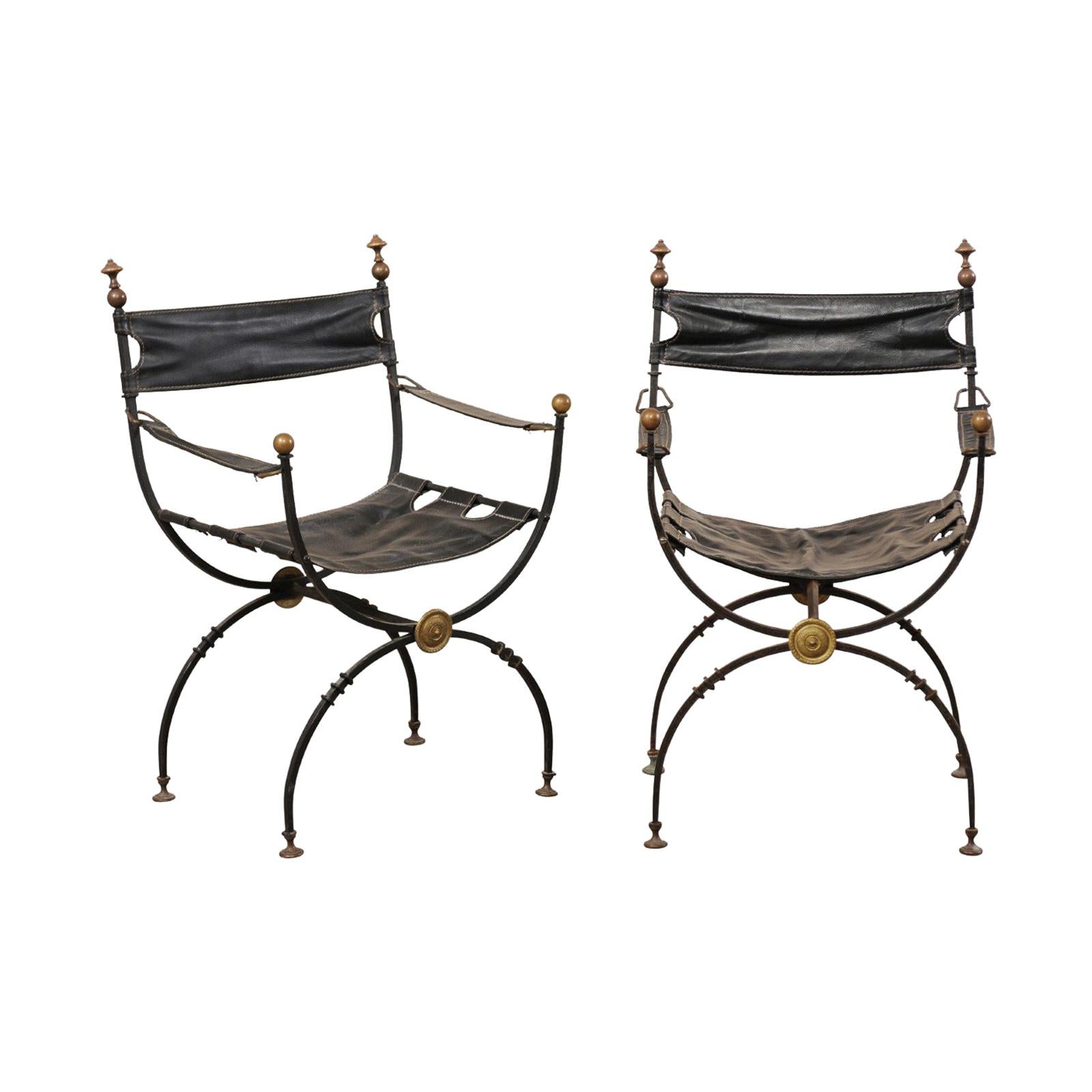 Pair of Antique Italian Savonarola Chairs with Black Leather