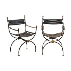Pair of Antique Italian Savonarola Chairs with Black Leather