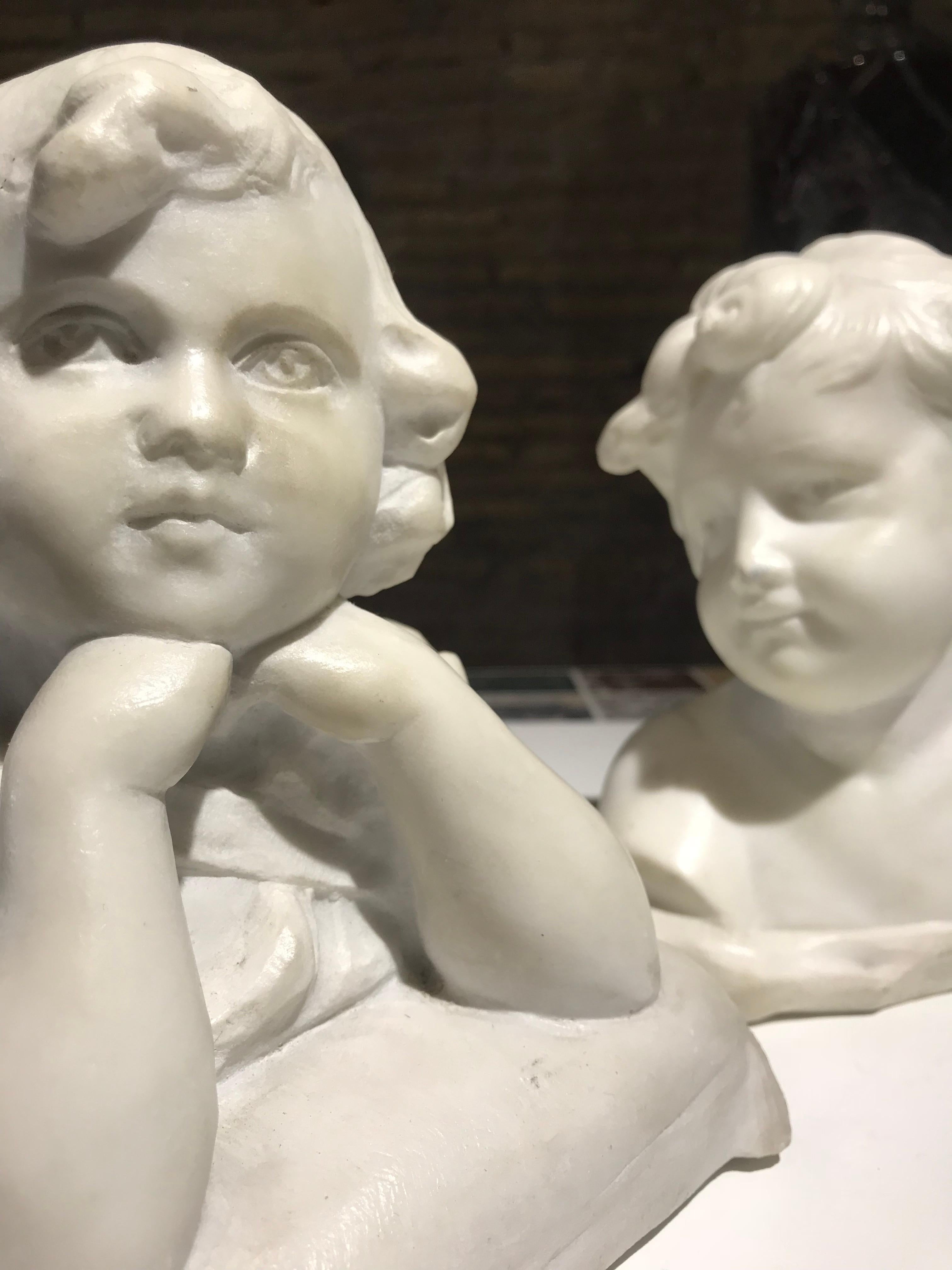 Pair of Antique Italian Sculpture of Cherub 19th Century Statuary White Marble For Sale 11