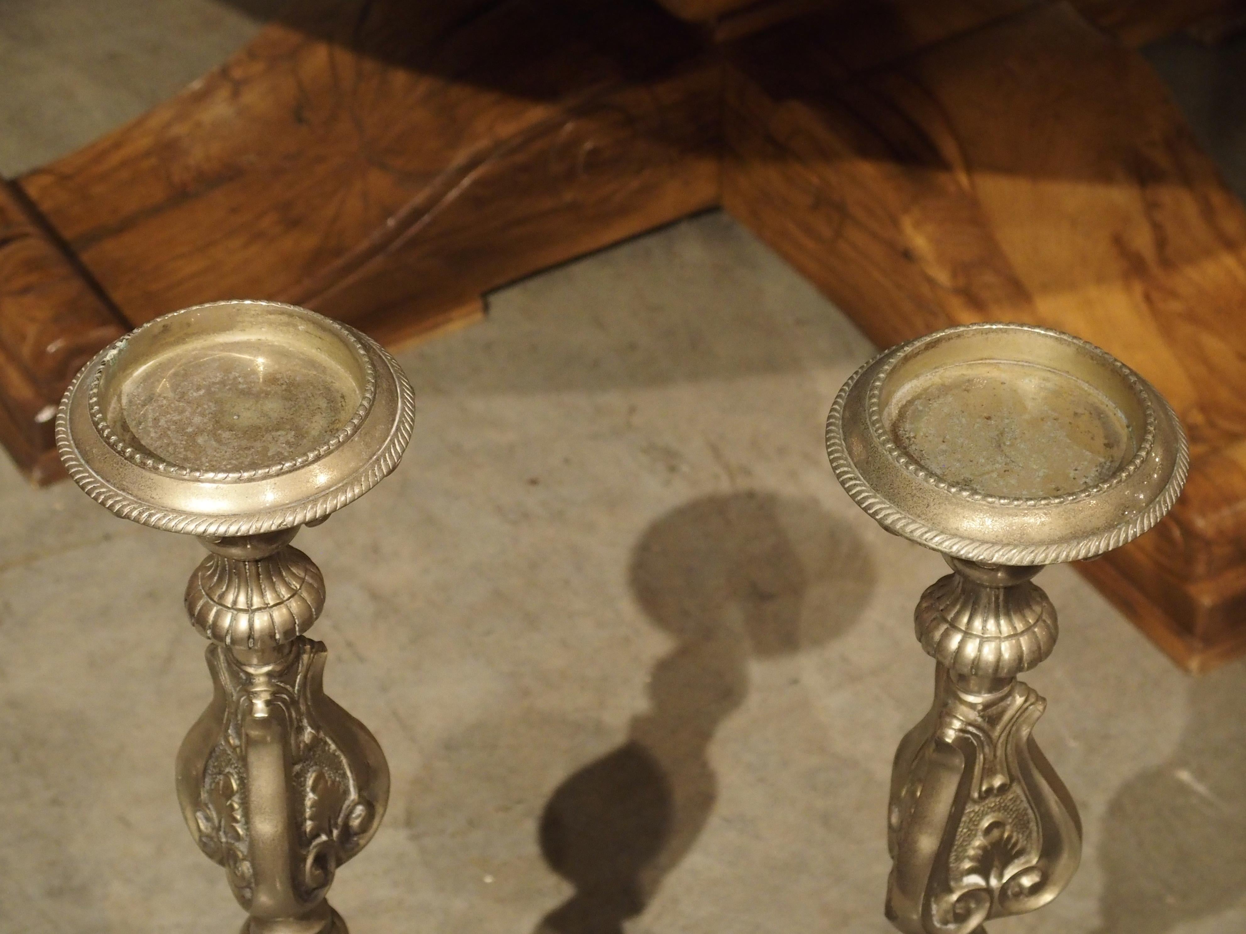 Pair of Antique Italian Silvered Bronze Candlesticks, Circa 1880 For Sale 9