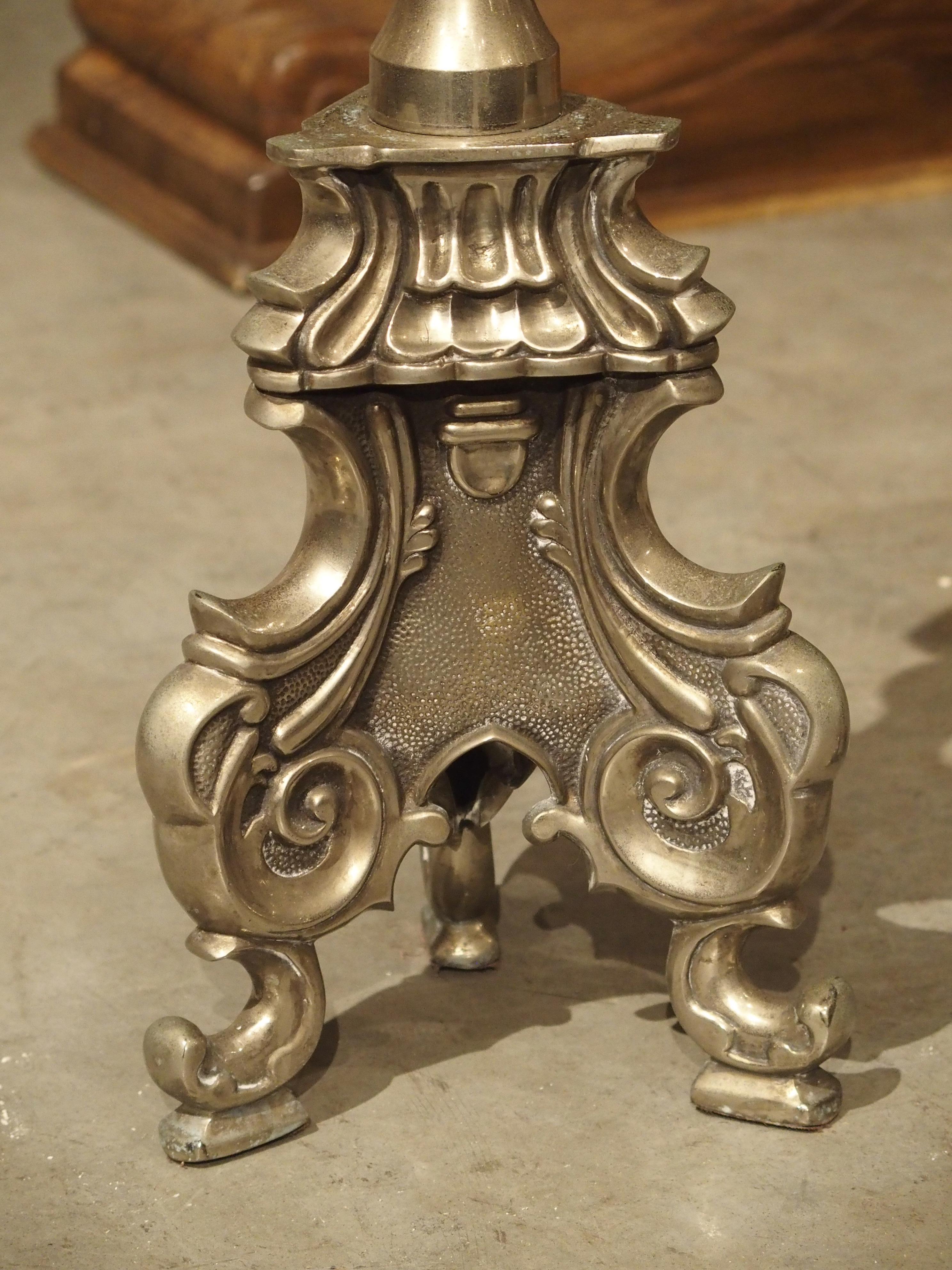 19th Century Pair of Antique Italian Silvered Bronze Candlesticks, Circa 1880 For Sale