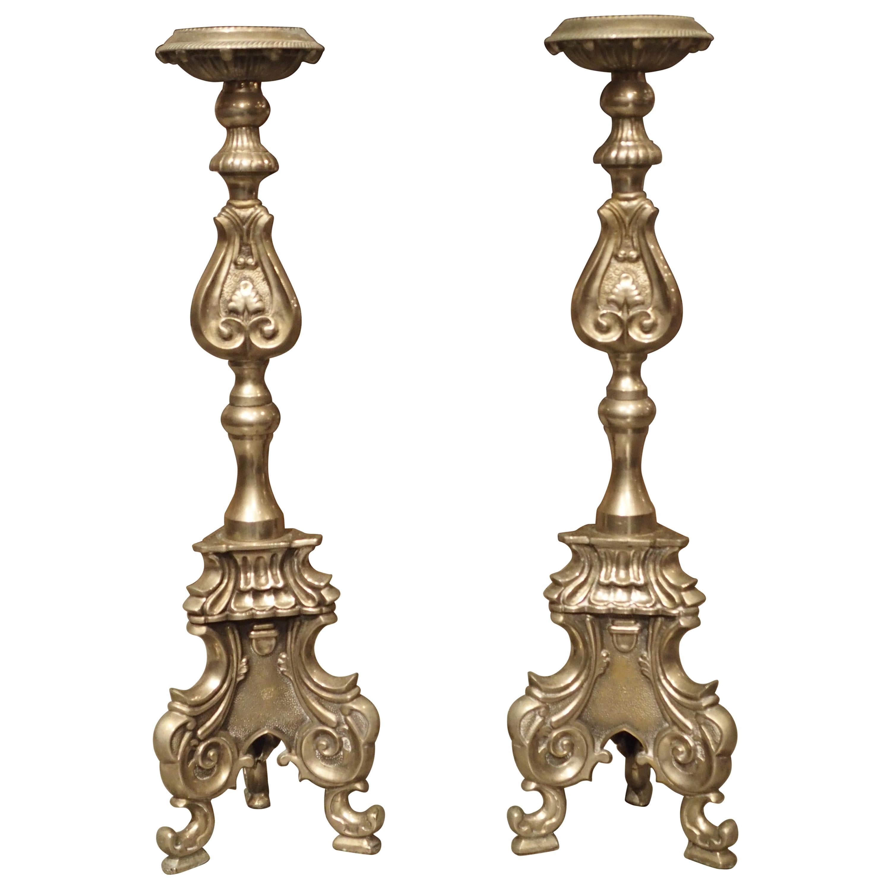 Pair of Antique Italian Silvered Bronze Candlesticks, Circa 1880 For Sale