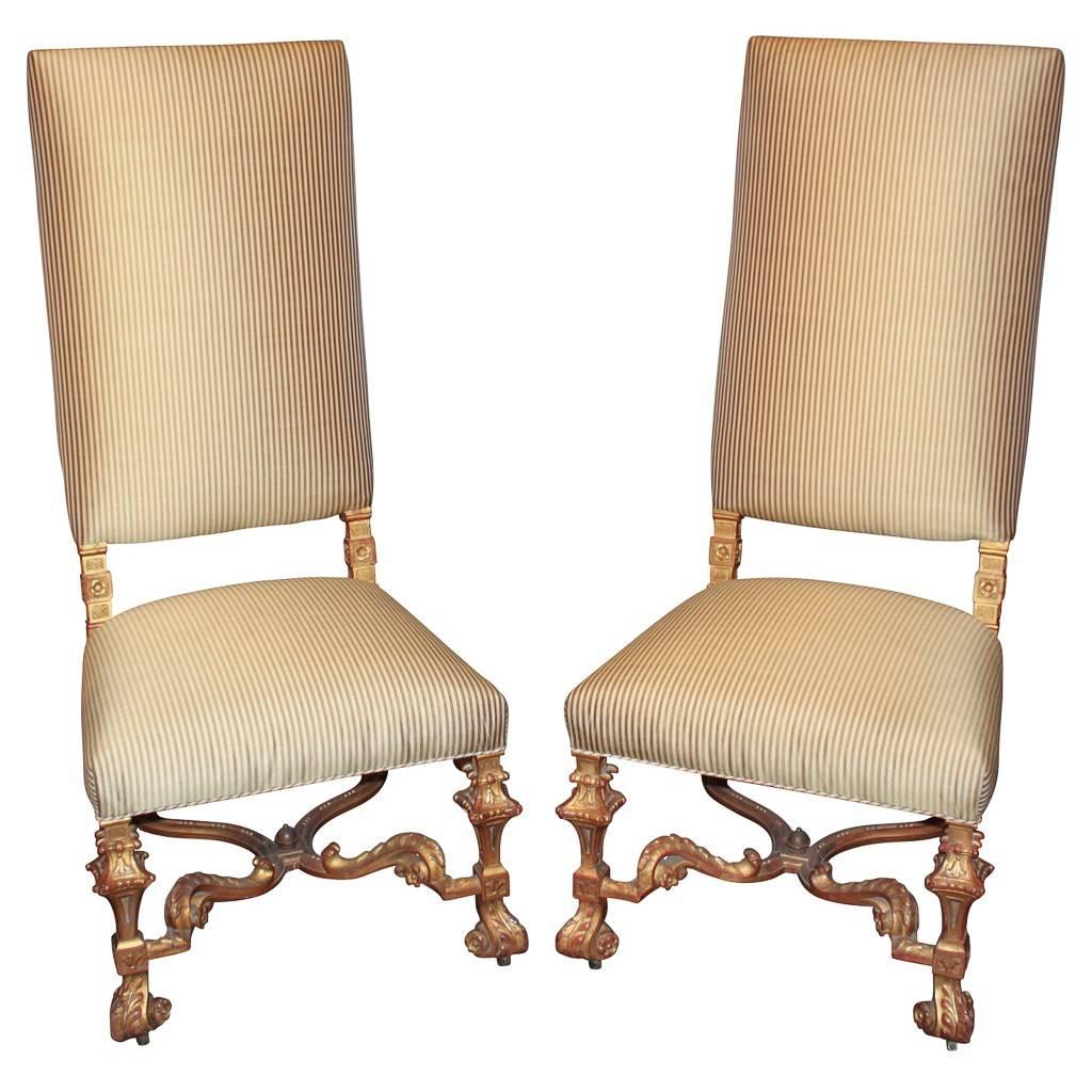 Pair of Antique Italian Tall Back Hall Chairs