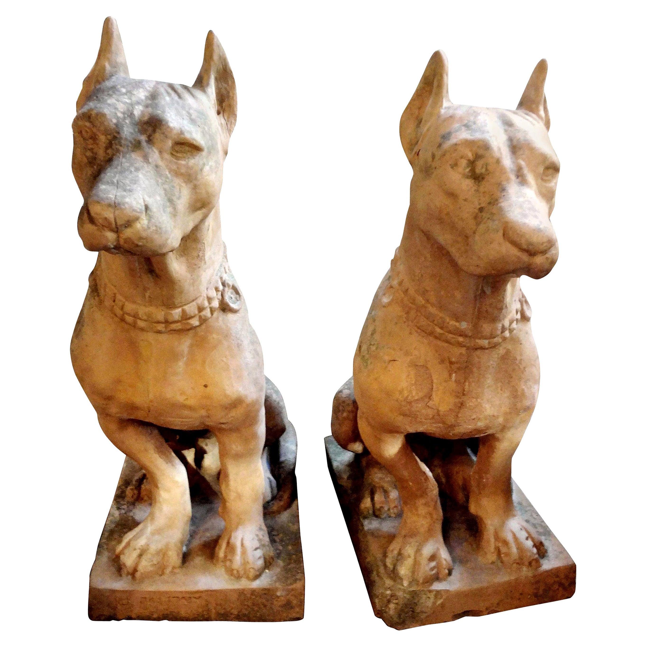 Pair of Antique Italian Terracotta Dog Statues