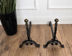 Pair of Antique Italian Turned Wrought Iron Andirons Fireplace Log Holder