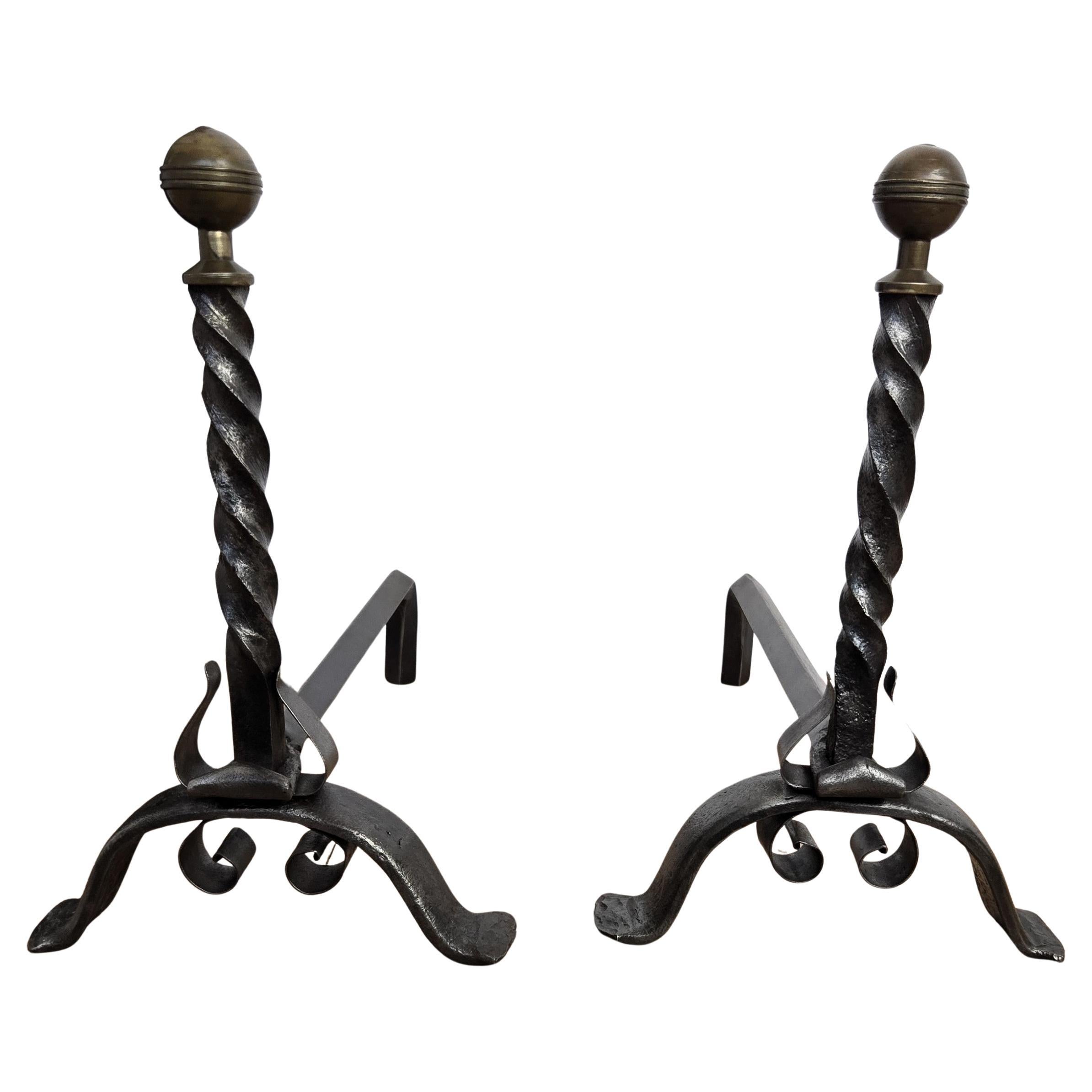 Pair of Antique Italian Turned Wrought Iron Andirons Fireplace Log Holder
