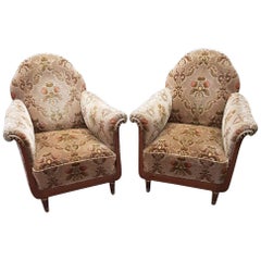 Pair of Antique Italian Velvet Club Chairs with Brass Elements