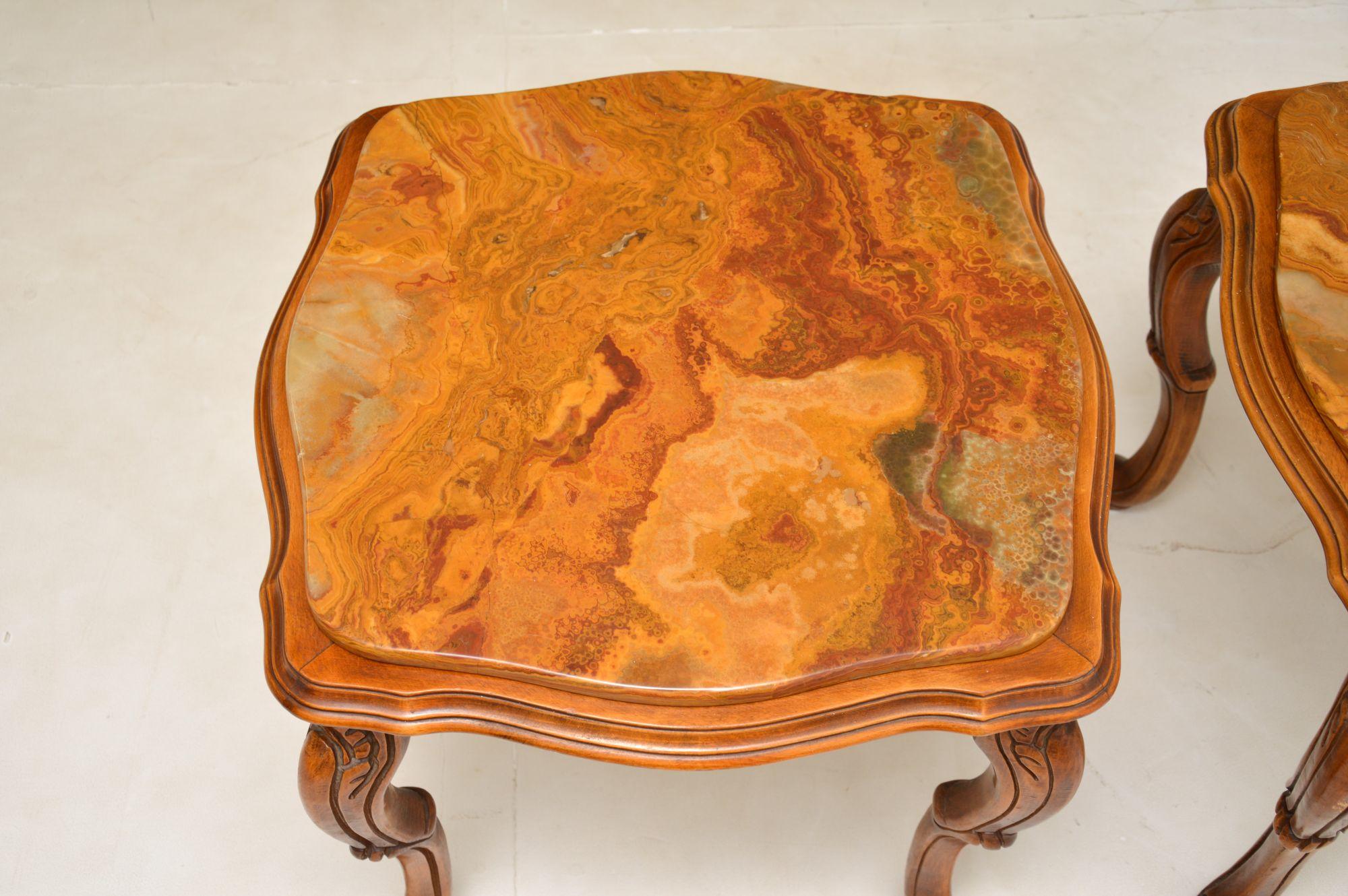 Rococo Pair of Antique Italian Walnut & Onyx Side Tables For Sale